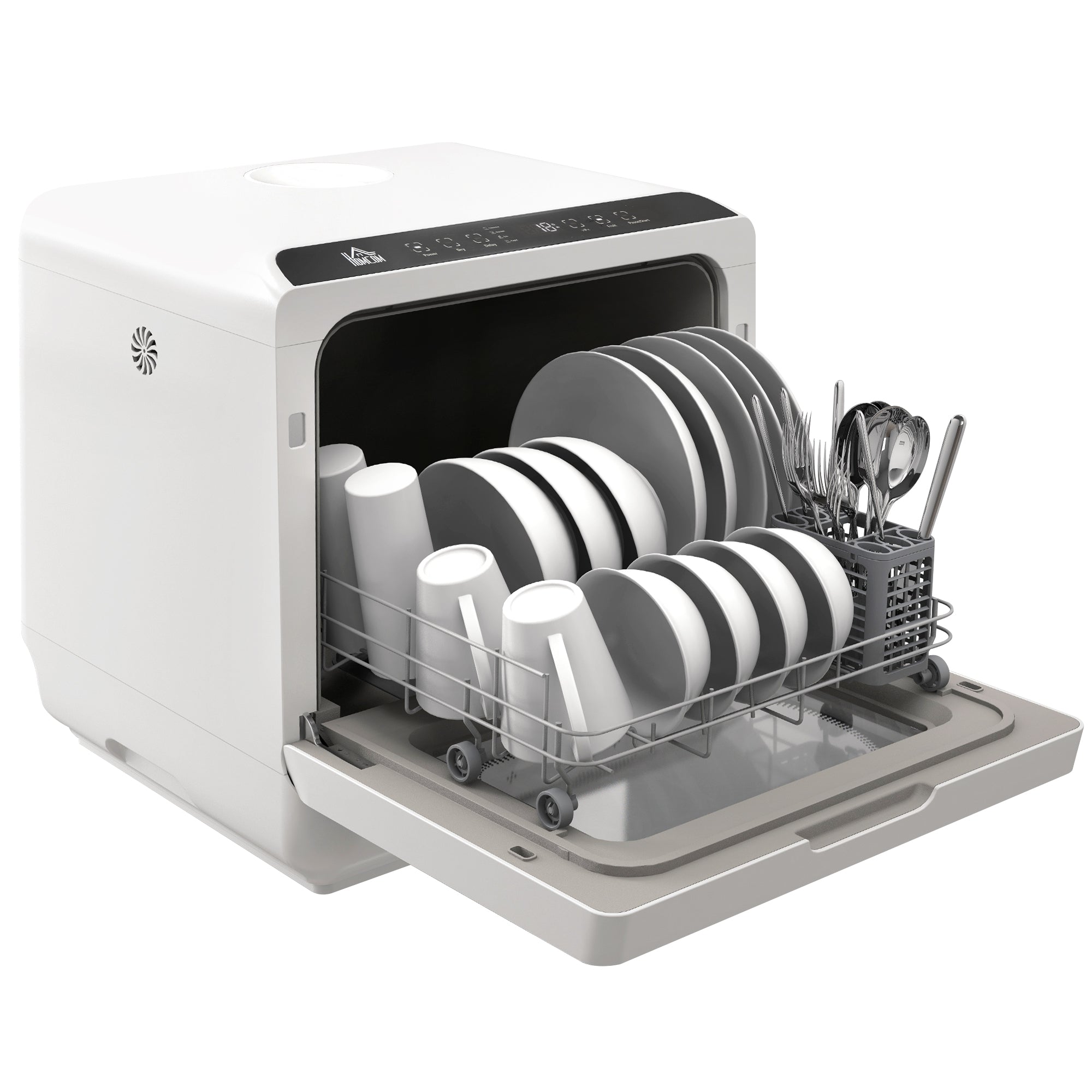 HOMCOM Compacte Tafelvaatwasser, 4 Couverts, Droogmodus, 6L Tank/Kraan, Startuitstel, LED, Wit