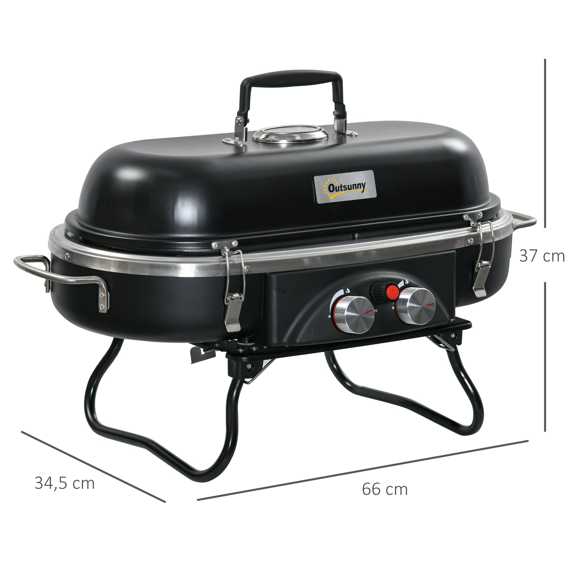 Outsunny Gasbarbecue 2,34 KW Opvouwbaar BBQ Tuinbarbecue incl 2 Roestvrijstalen Branders Drukverminderaar 66 x 34,5 x 37 cm Zwart