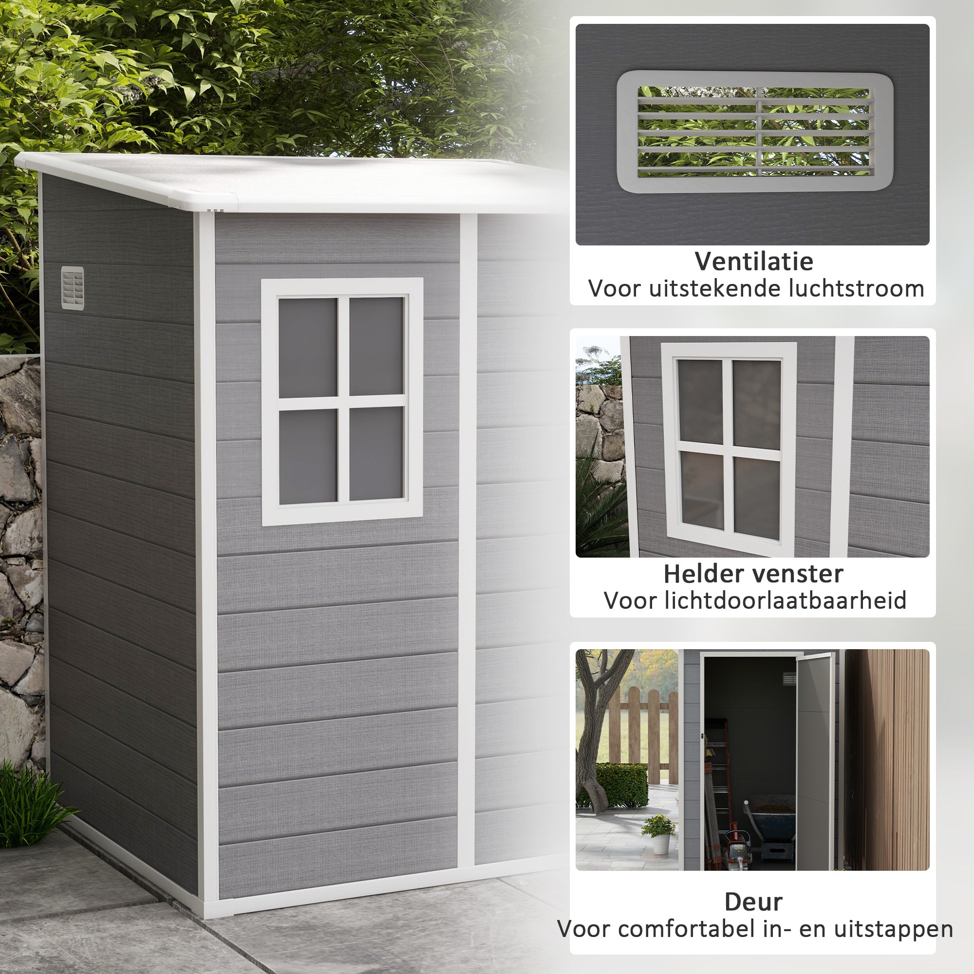 Outsunny Tuinschuur met Slot, Venster voor Daglicht & Ventilatie, Aluminium, 122 x 149 x 192/177 cm Grijs