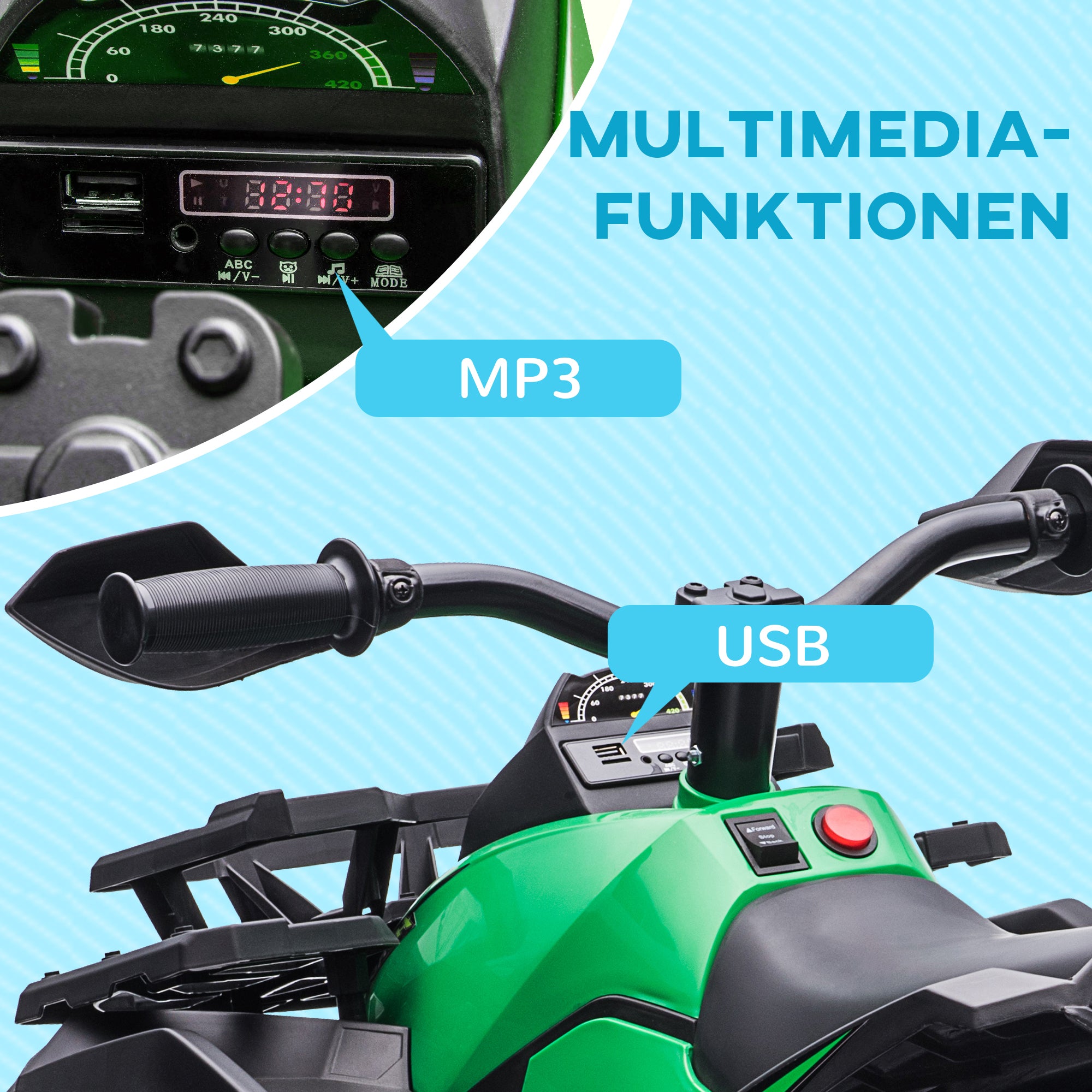 HOMCOM Elektrisch Kinderquad met Licht & Muziekaansluiting, 3-8 km/u, Voor 3-5 Jaar, Groen
