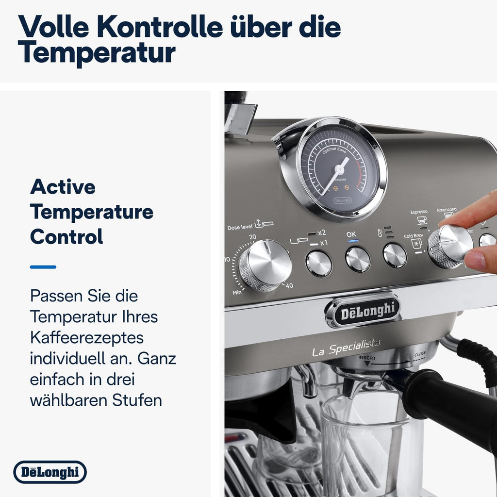 De'Longhi La Specialista Arte EC9155. MB Machine met zeven dragers, espressomachine met molen, 8 malingen, 15 bar, 3 temperaturen, melkopschuimmondstuk, 1300 W, tank van 1,5 l, roestvrij staal/zwart incl. barista-kit