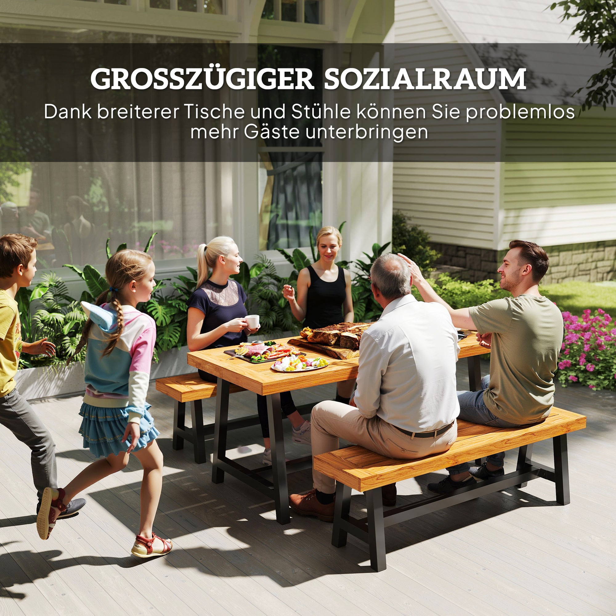Outsunny Tuinmeubelset 3-delig Hout Eetgroep voor 4 Personen Eettafel met 2 Banken Teak