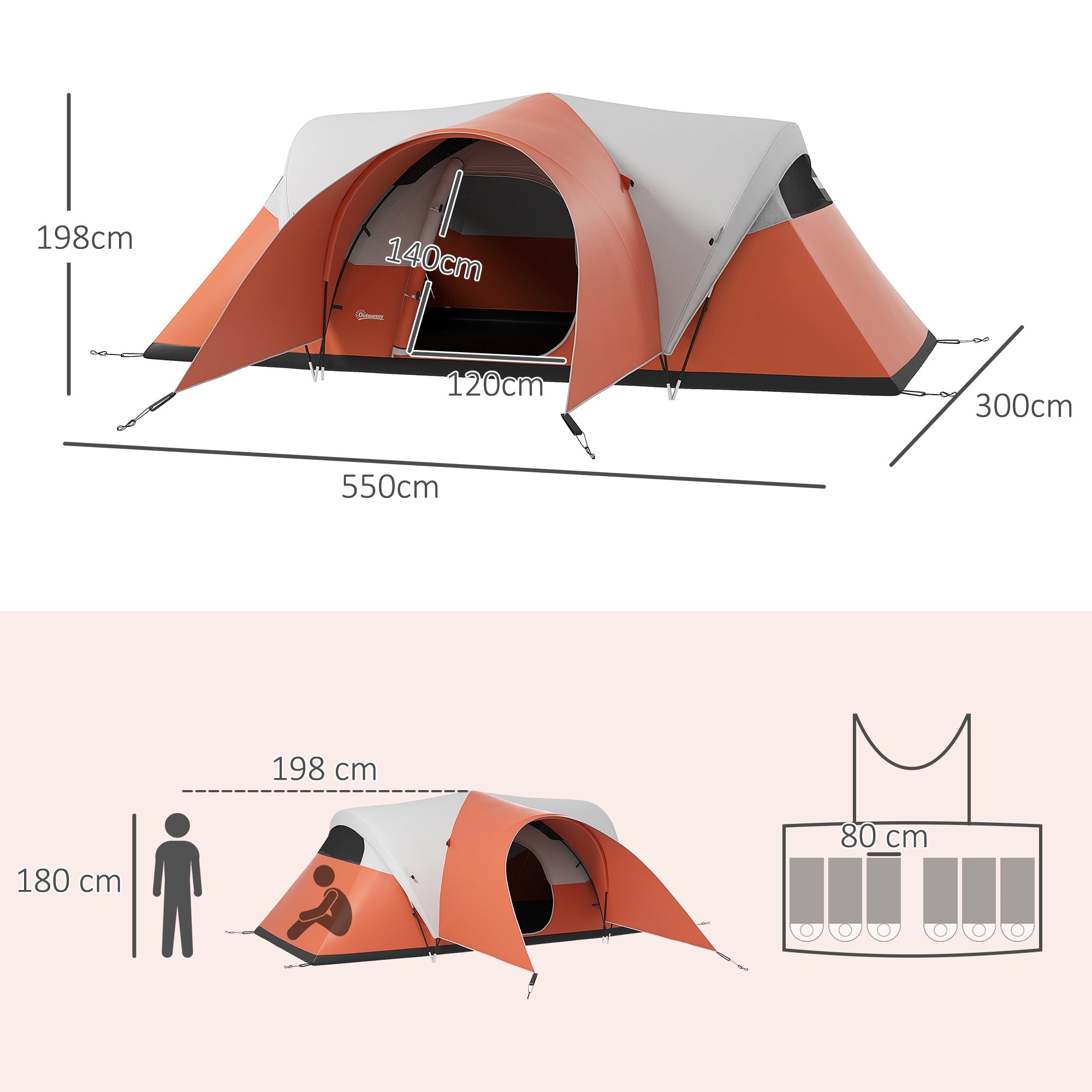 Outsunny Kampeertent voor 5-6 Pers., Familietent, waterdicht, met Voortent, 550L x 300B x 198Hcm, Oranje