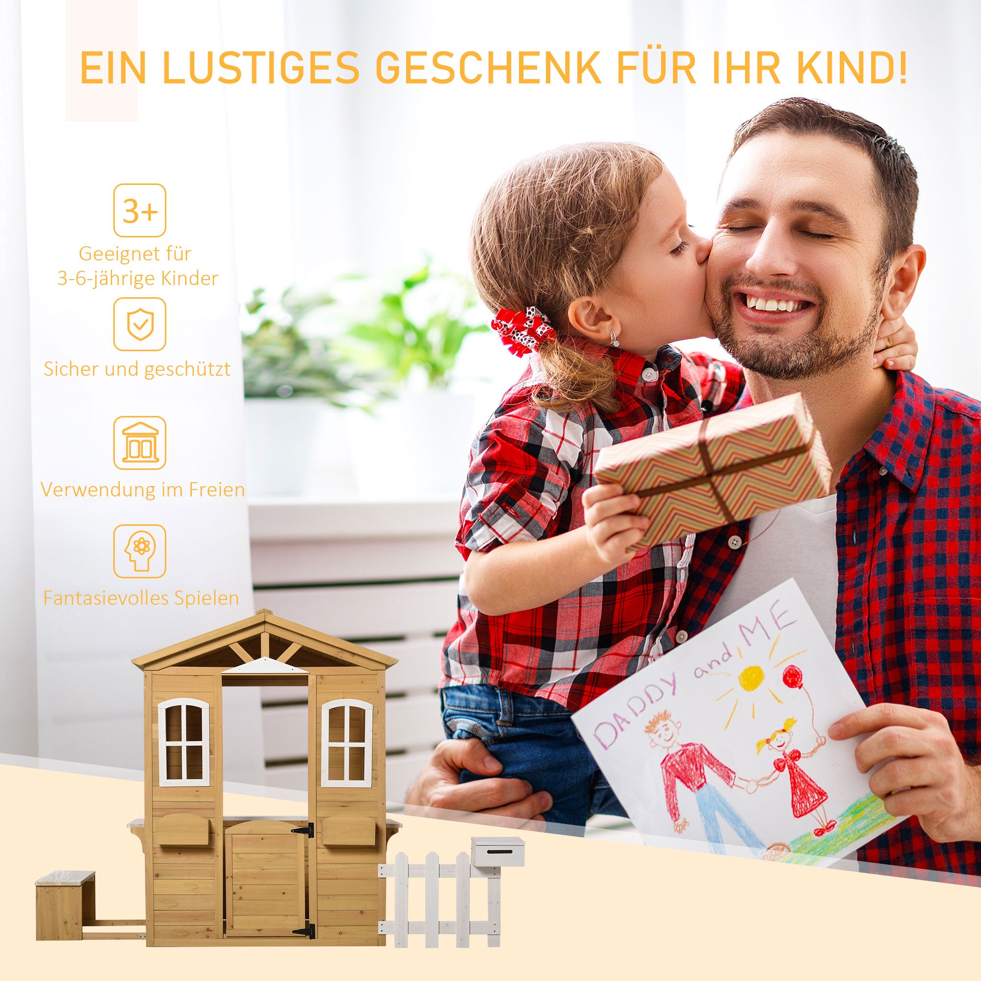 Outsunny Houten kinderspeelhuis Tuinspeelhuis met deur, ramen, plantenbak en bankje voor kinderen 3-6 jaar