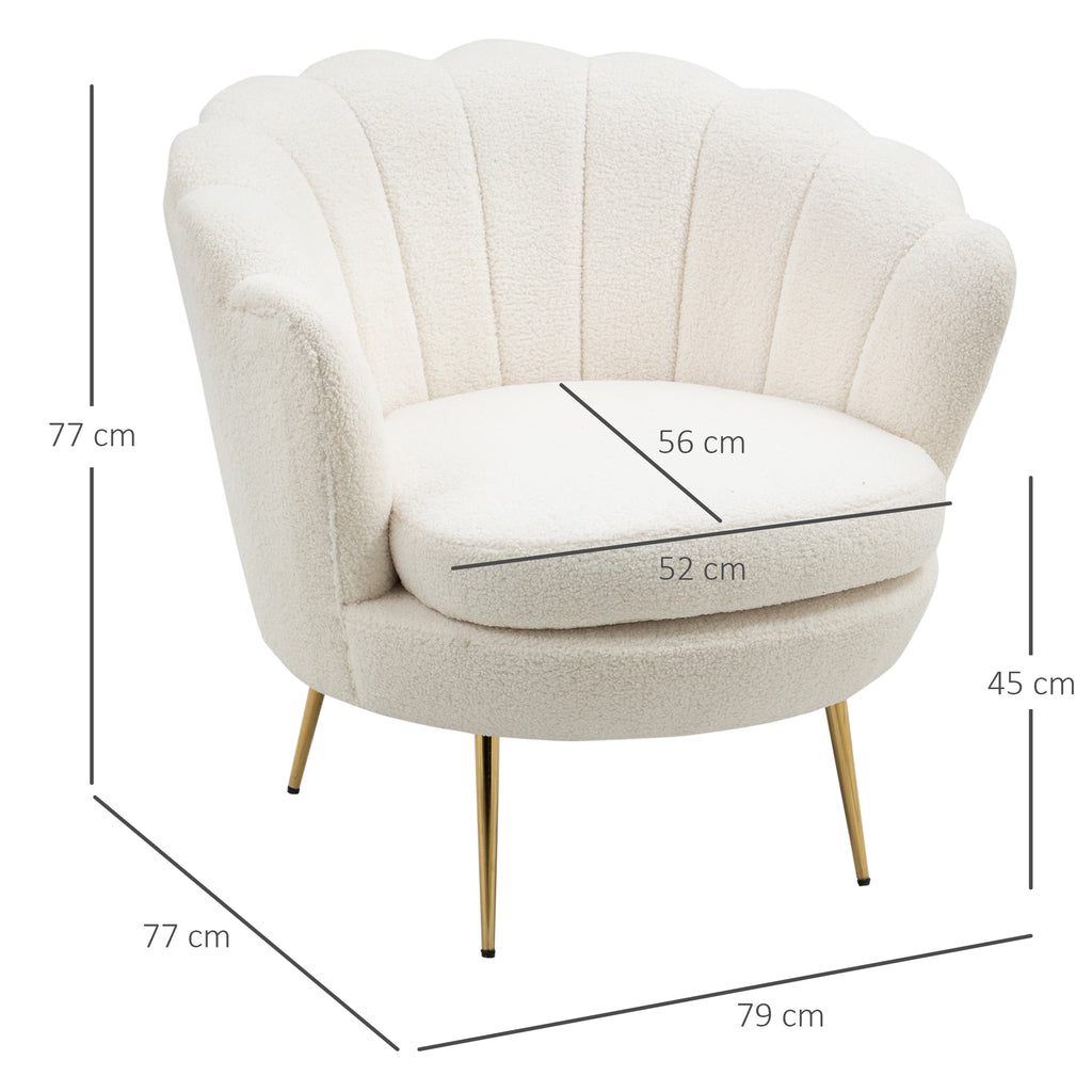 HOMCOM Fauteuil in Schelpvorm, Relaxstoel, Ontspanningsstoel, Metalen Poten in Goudlook, 79D x 77B x 77H cm, Wit