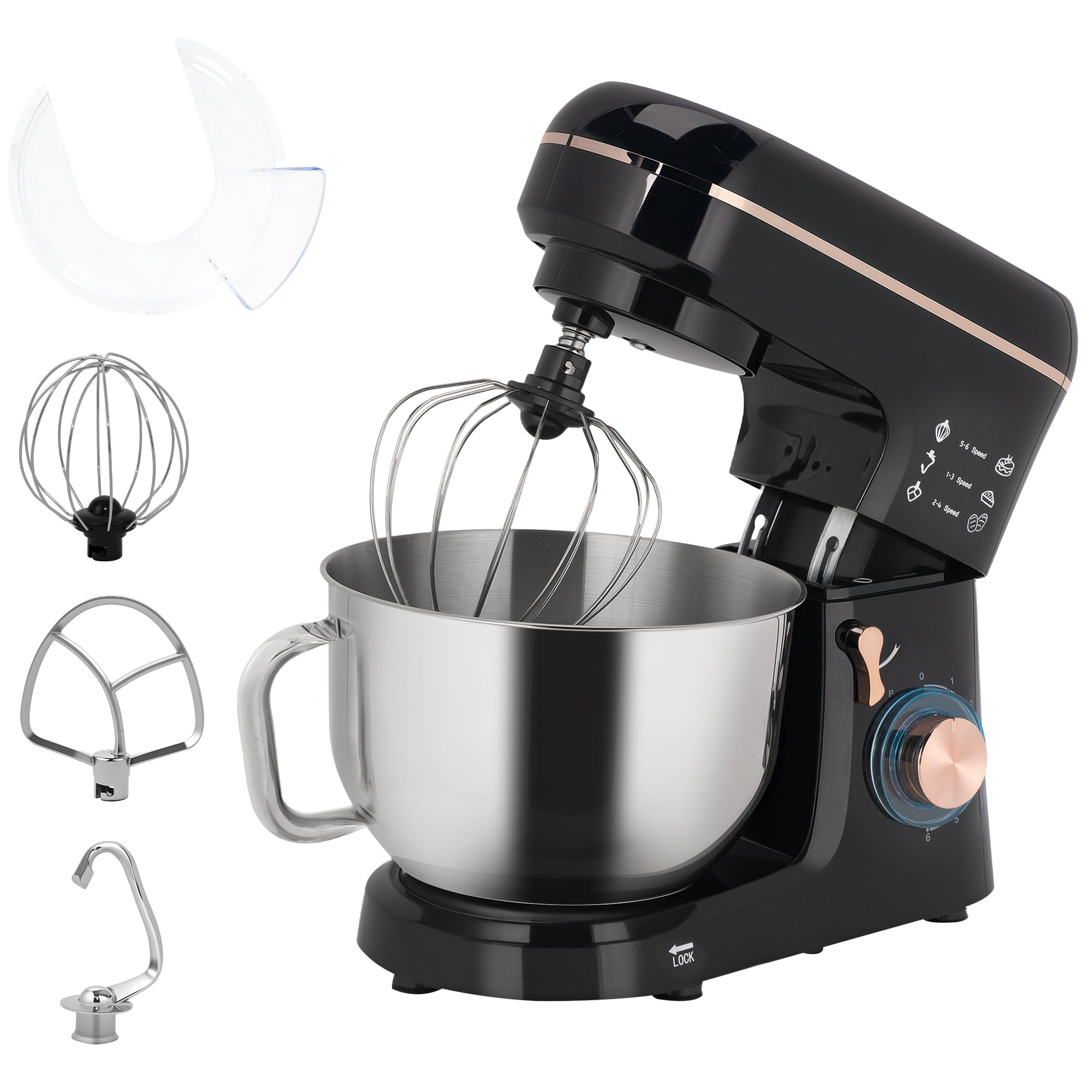 HOMCOM Staande Mixer, Keukenmachine, Mixer, 6 Standen, 5,5L Roestvrijstalen Kom, Zwart