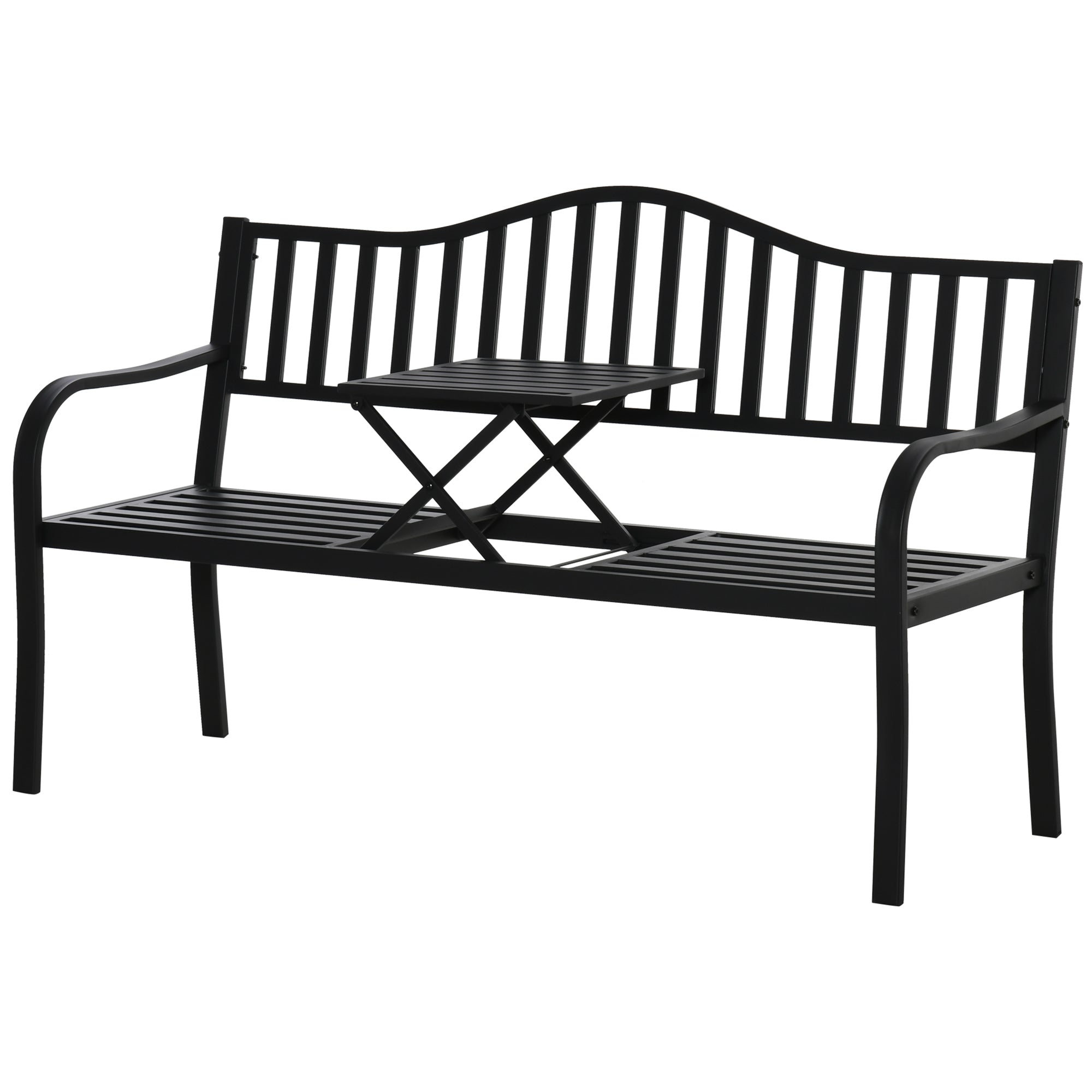 Outsunny Tuinbank met uitschuifbare tafel voor 2-3 personen Metalen parkbank Zitbank Terrasbank met rugleuning en armleuningen Tuinmeubels Zwart 150 x 58.5 x 90 cm