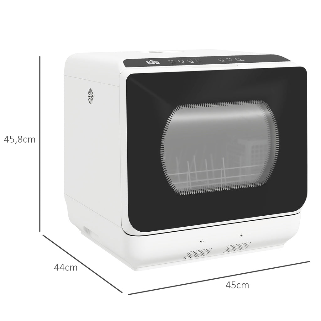 HOMCOM Compacte Tafelvaatwasser, 4 Couverts, Droogmodus, 6L Tank/Kraan, Startuitstel, LED, Wit