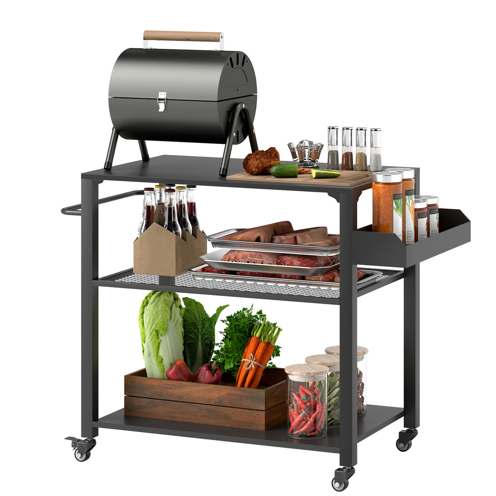 Outsunny Outdoor Keukeneiland, Grillwagen met Opbergrek, Handvat, 4 Wielen, Keukentrolley, Tuin, Terras, Metaal, Zwart