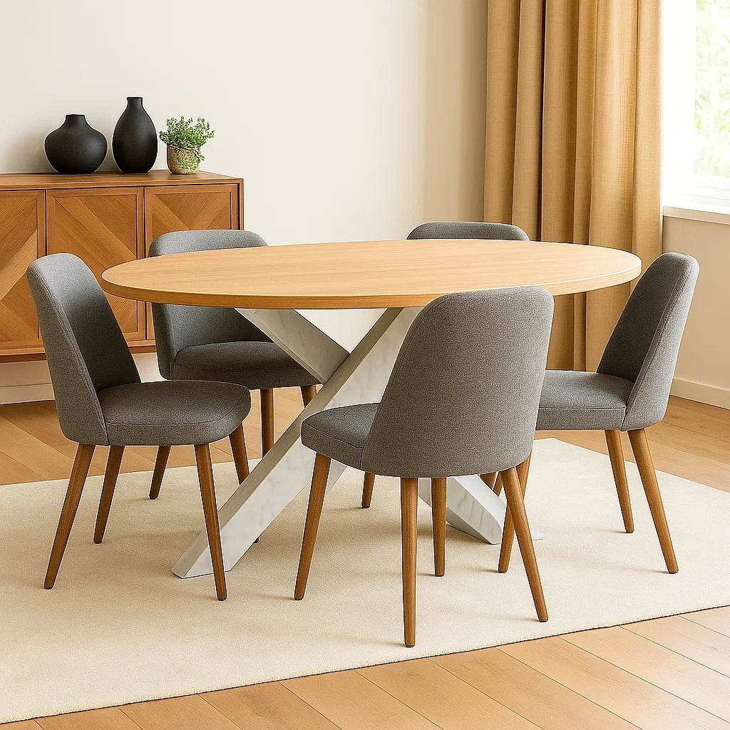 Spisest, 4 sder, tr og stof, beige, oval, med X-formet base, bordml 120x80x75 cm, stoleml 50x50x85 cm, til spisestue eller kkken - YoudyRTO6umF