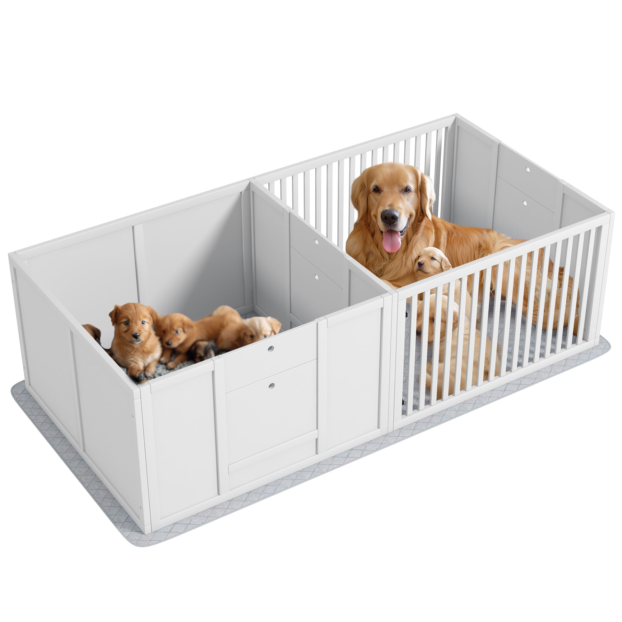 PawHut Werpbox voor Puppy's, met Ondermat, eenvoudig te reinigen, Hout, 166x80x50 cm, Wit
