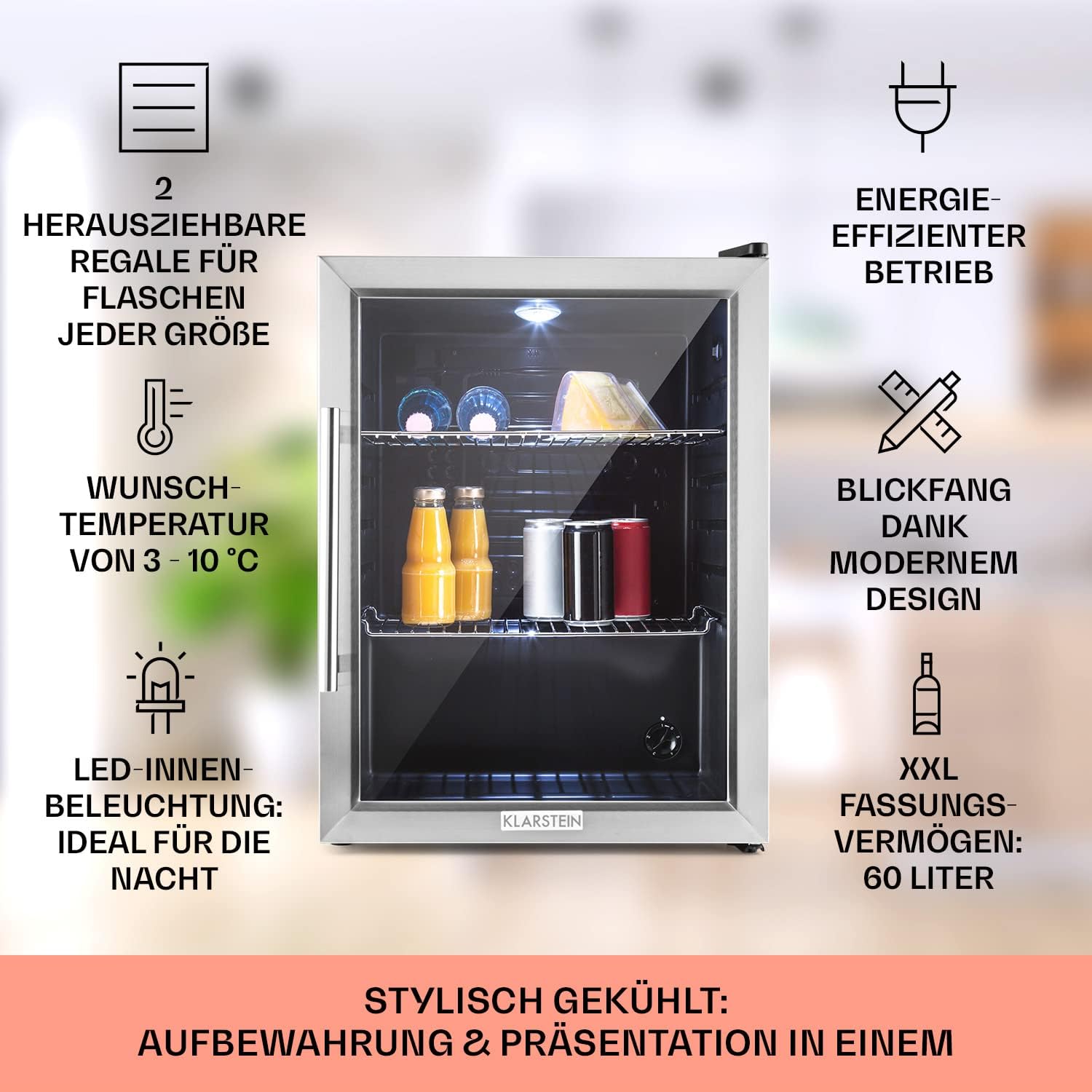 Klarstein Mini Koelkast met Glazen Deur voor Kamer, Drankenkoelkast met Verstelbare Planken, Klein 80 Liter, Indoor/Outdoor Koelkast Stil