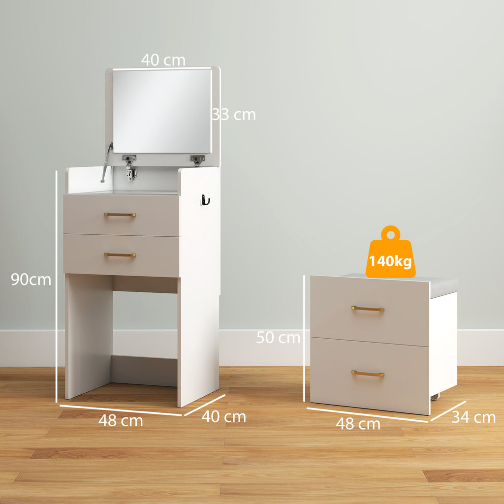 HOMCOM 3-in-1 Make-uptafel met Spiegel, Nachtkastje, Rollende Kruk, Lades, Wit