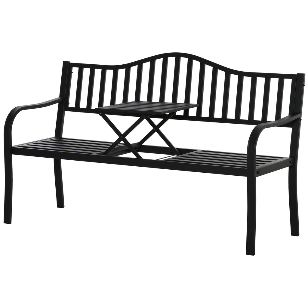 Outsunny Tuinbank met uitschuifbare tafel voor 2-3 personen Metalen parkbank Zitbank Terrasbank met rugleuning en armleuningen Tuinmeubels Zwart 150 x 58.5 x 90 cm