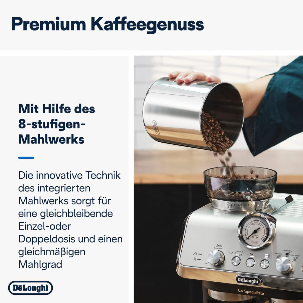 De'Longhi La Specialista Arte EC9155. MB Machine met zeven dragers, espressomachine met molen, 8 malingen, 15 bar, 3 temperaturen, melkopschuimmondstuk, 1300 W, tank van 1,5 l, roestvrij staal/zwart incl. barista-kit