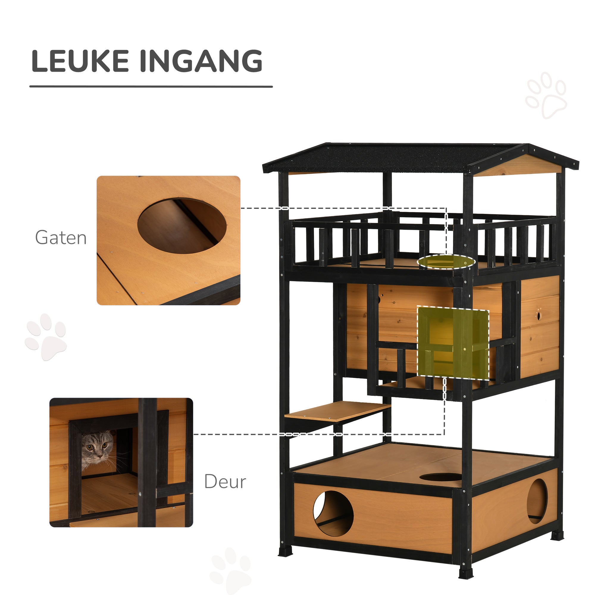 PawHut Outdoor Kattenhuis Kattenhut, weerbestendig, 75,5 cm x 75 cm x 137 cm, Geel