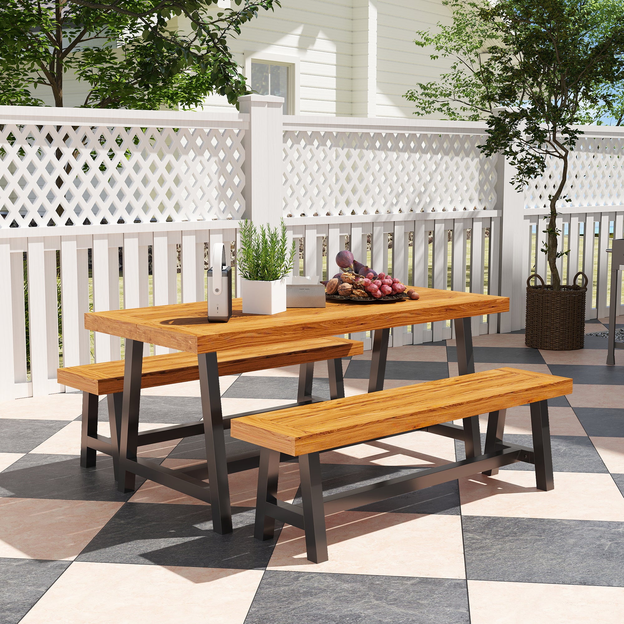 Outsunny Tuinmeubelset 3-delig Hout Eetgroep voor 4 Personen Eettafel met 2 Banken Teak