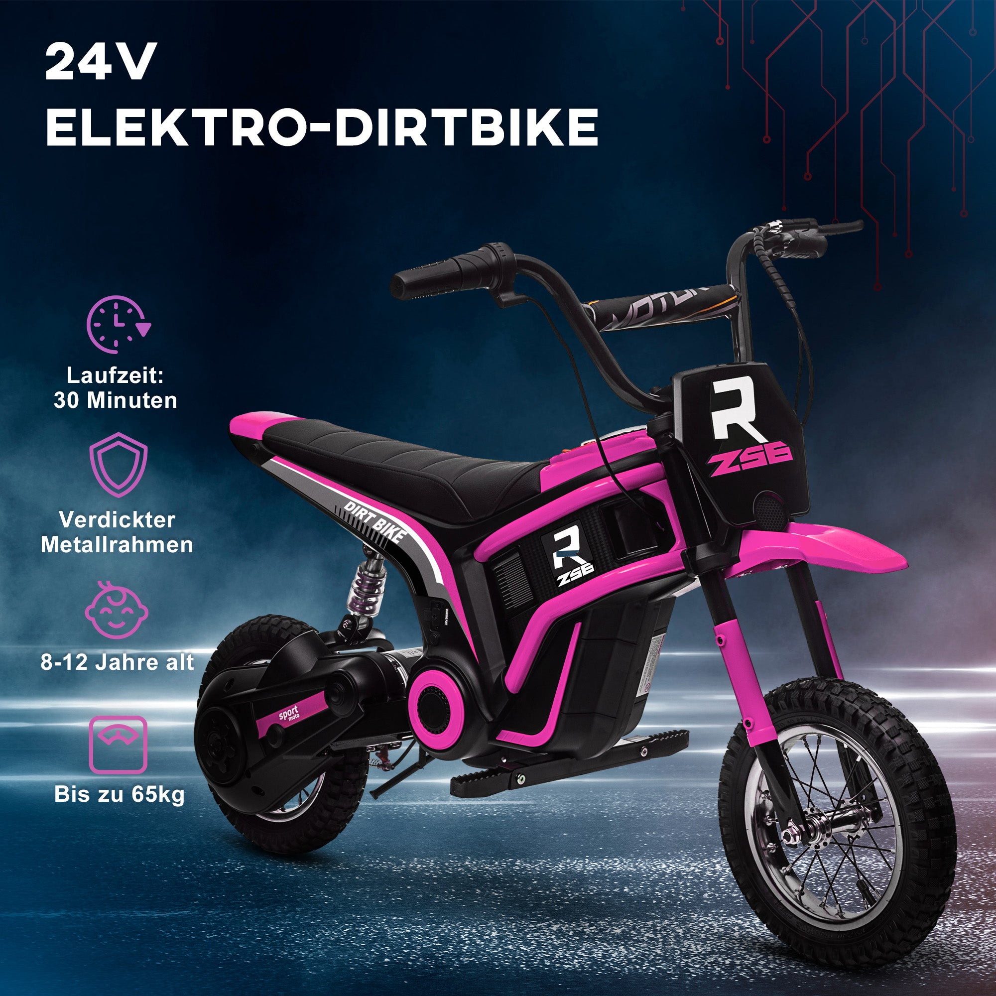 HOMCOM Kinderelektrische Motor, 24V Motorfiets met Claxon en Verlichting, Draaigashefboom, 8-16 km/u, 8-12 Jaar, Roze