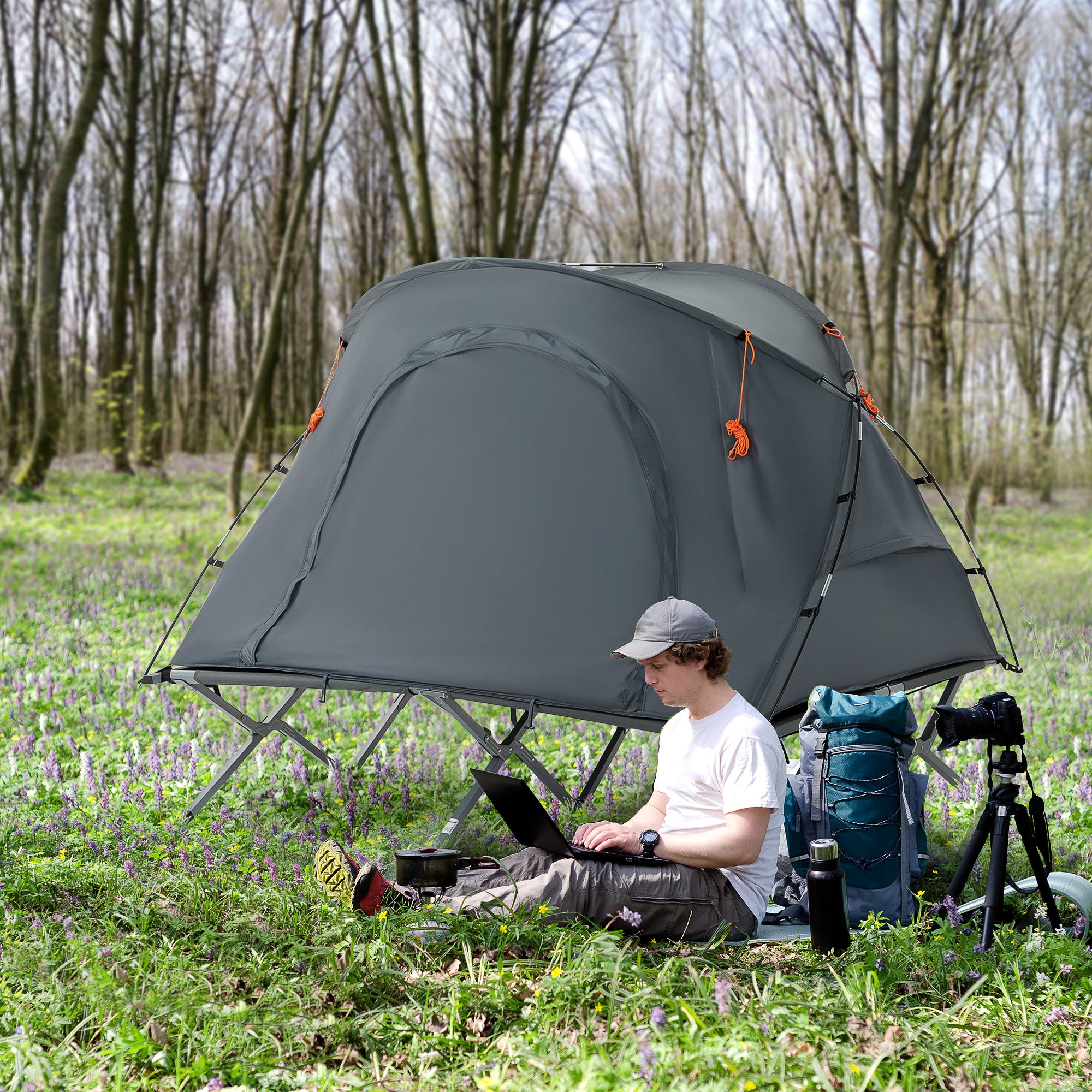 Outsunny campingbed met tent, verhoogd campingbed voor 2 persoon, koepeltent met luchtbed, inclusief draagtas, grijs 200 x 146 x 159 cm