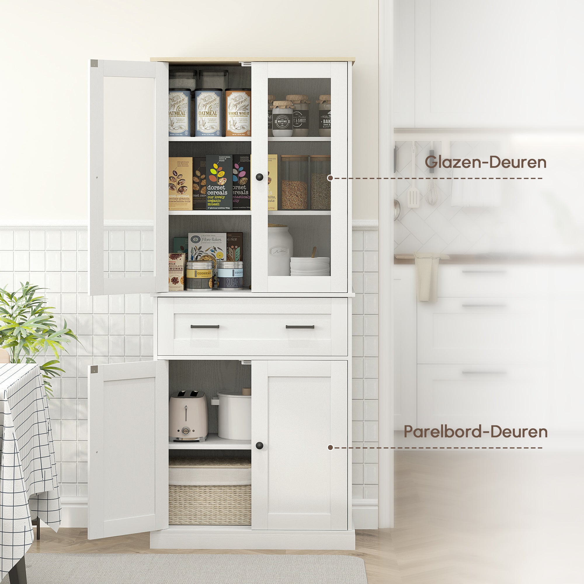 HOMCOM Keukenkast, Buffet, Acrylfront, Lades, 76 x 40 x 182,5 cm, Crèmewit