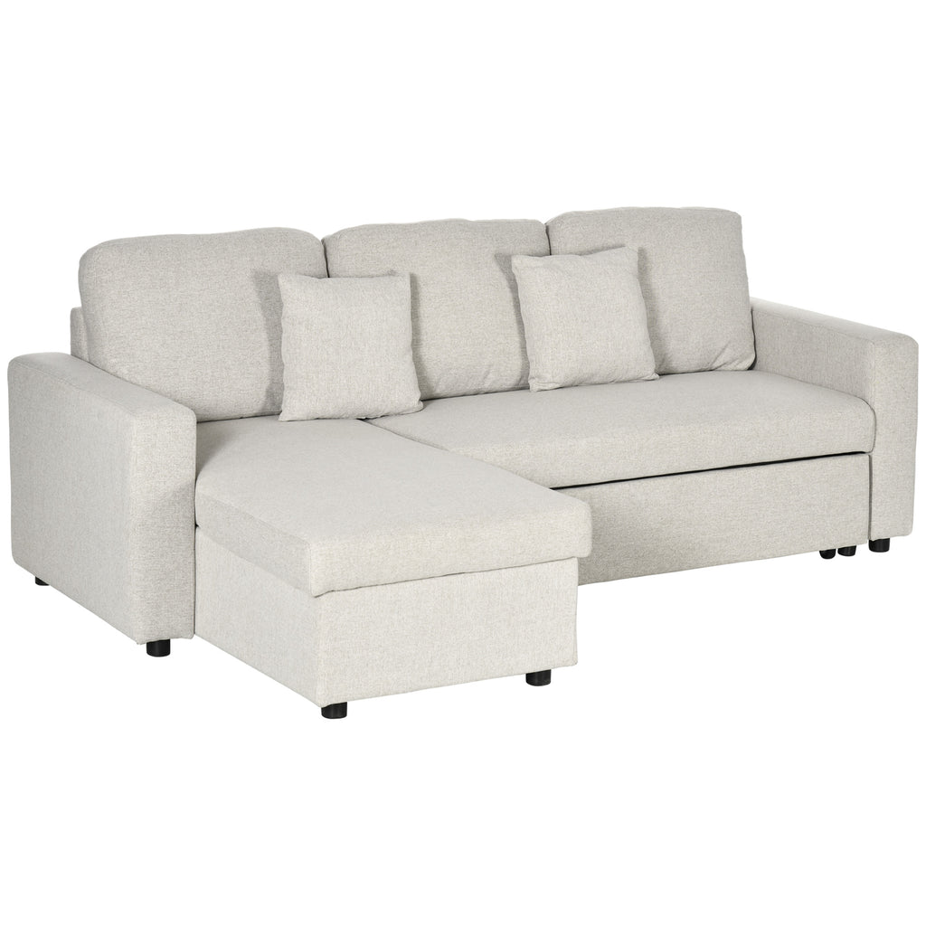 HOMCOM Slaapbank Hoekbank met Bedfunctie, inclusief 2-Zits Sofa, Eenpersoonsbed, L-vorm met Opbergruimte, 2 Kussens Crèmewit