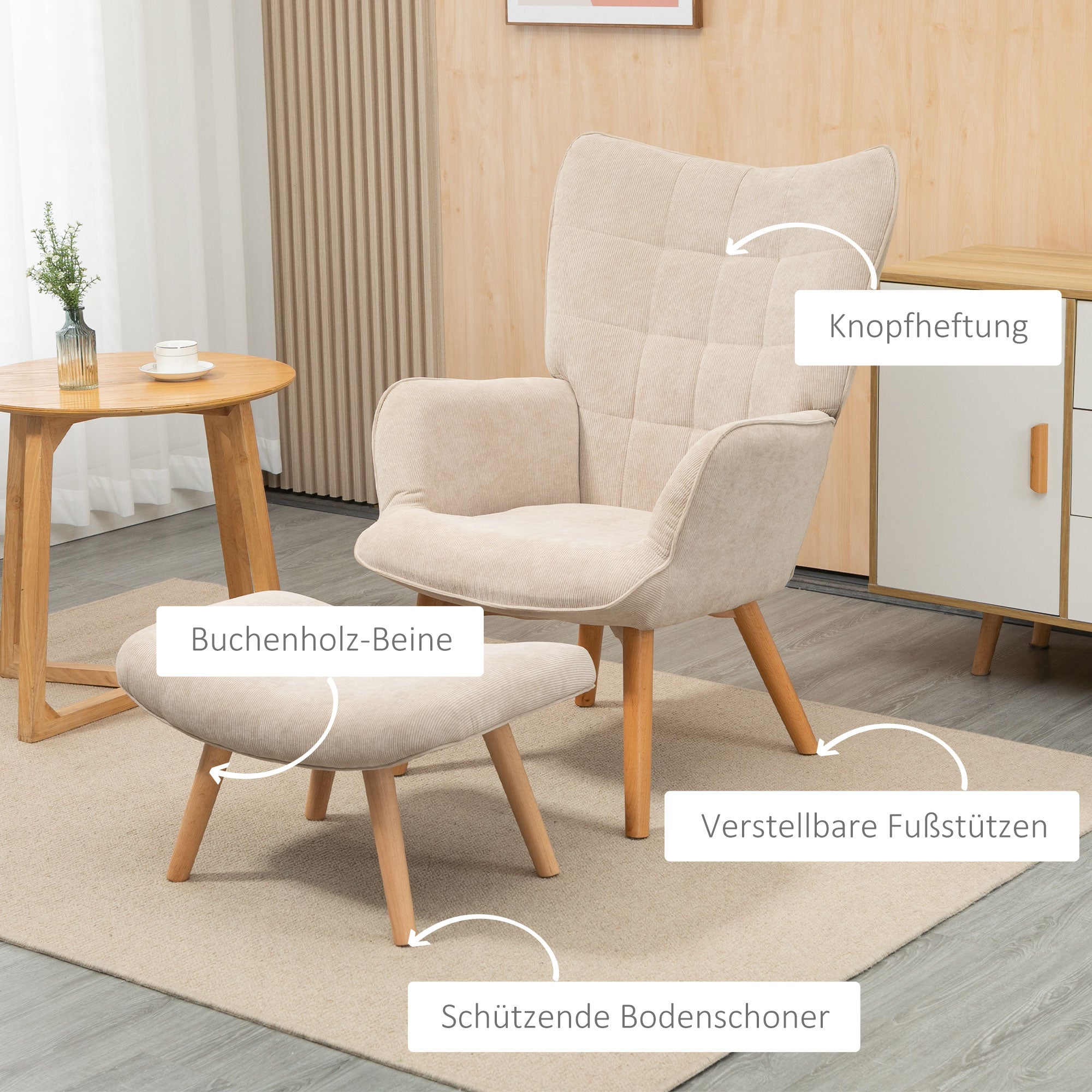 HOMCOM Fauteuil met Scandinavisch accent, voetenbank, fauteuilset, beukenhout, corduroy-look, beige