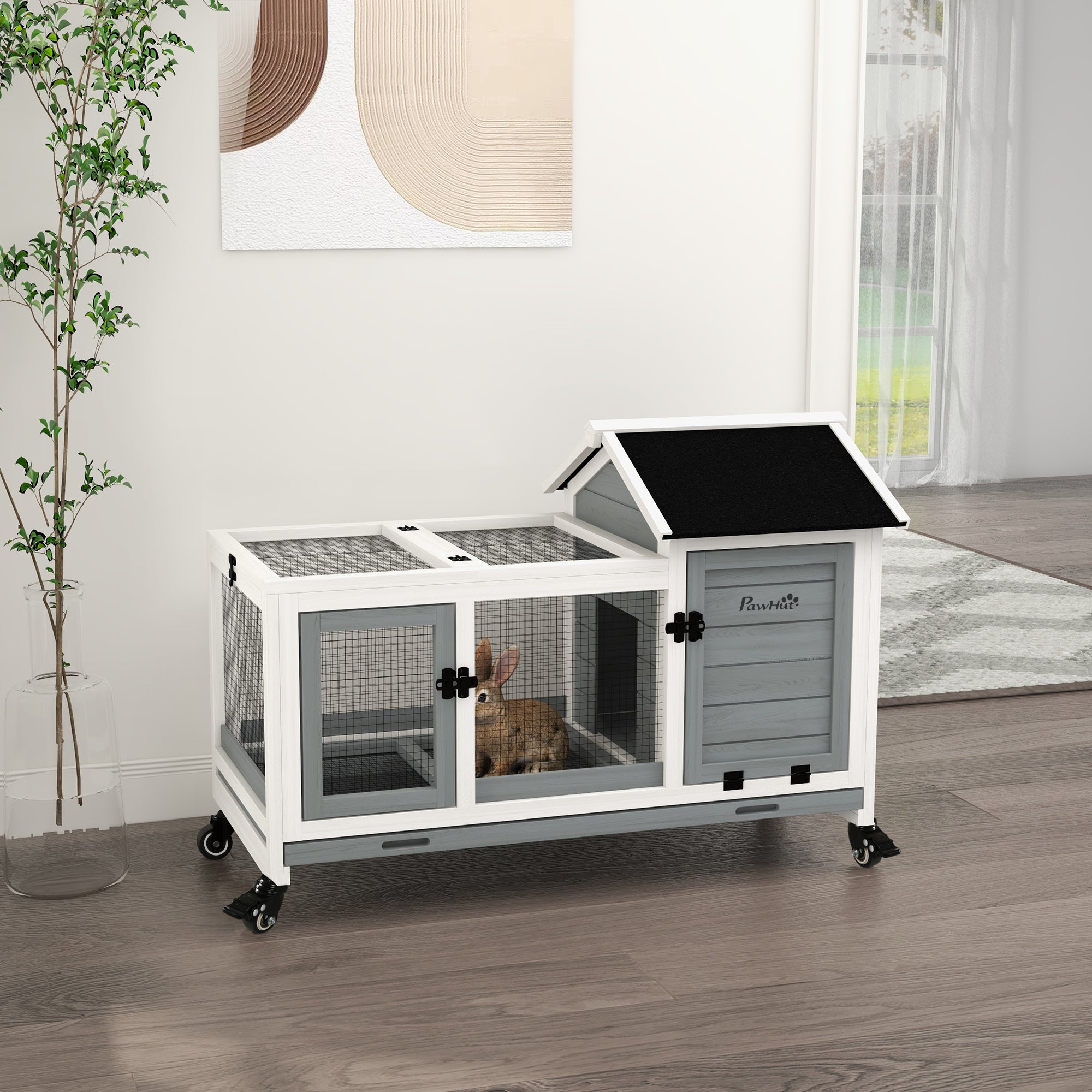 PawHut Konijnenhok, Kleine Dierenhok voor Dwergkonijnen, Cavia's, met Wielen, 108 x 58 x 73,5 cm, Grijs