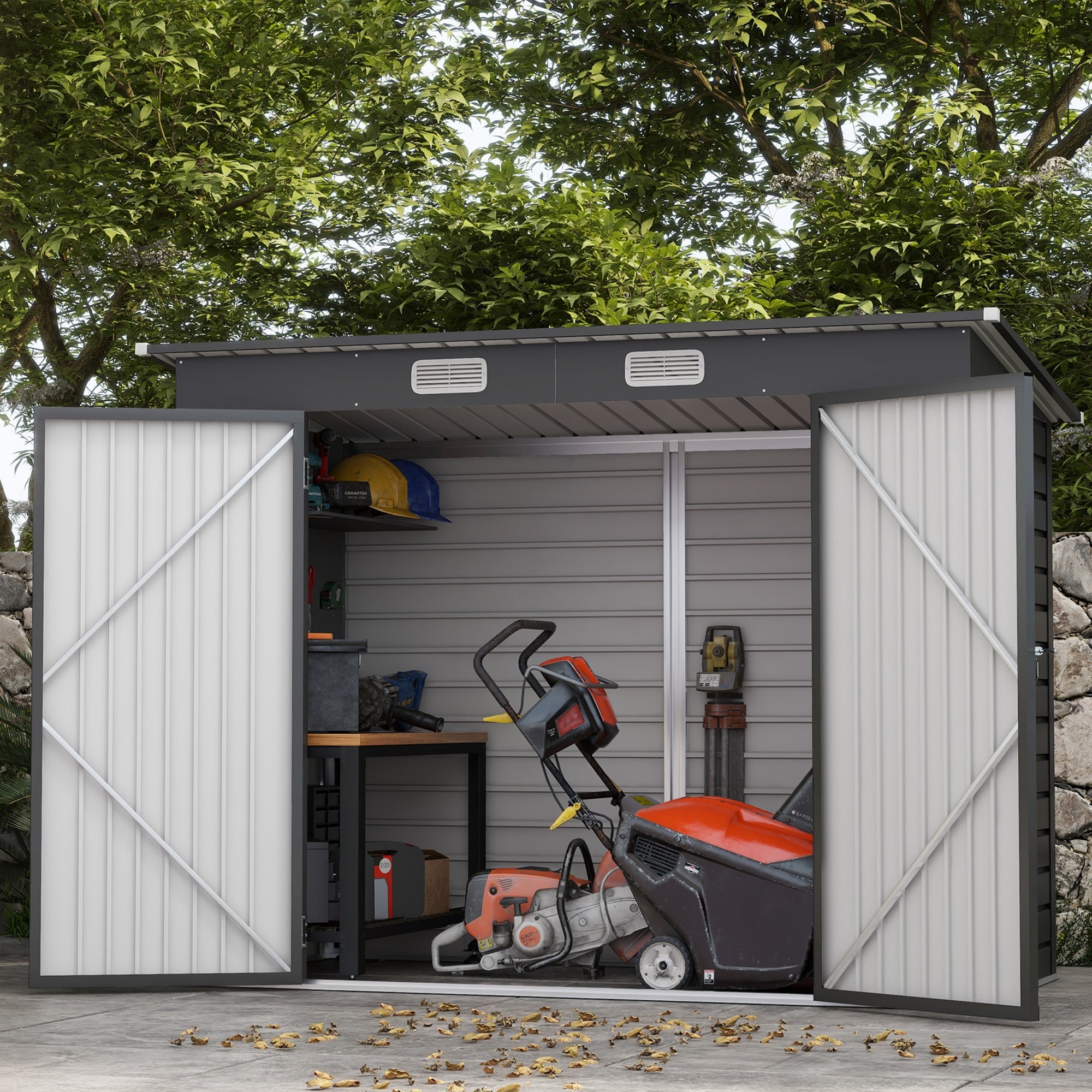 Outsunny Stalen tuinschuurtje, Geräteschuppen, Dubbele Deuren, 249B x 121D x 166/183H cm, Grijs