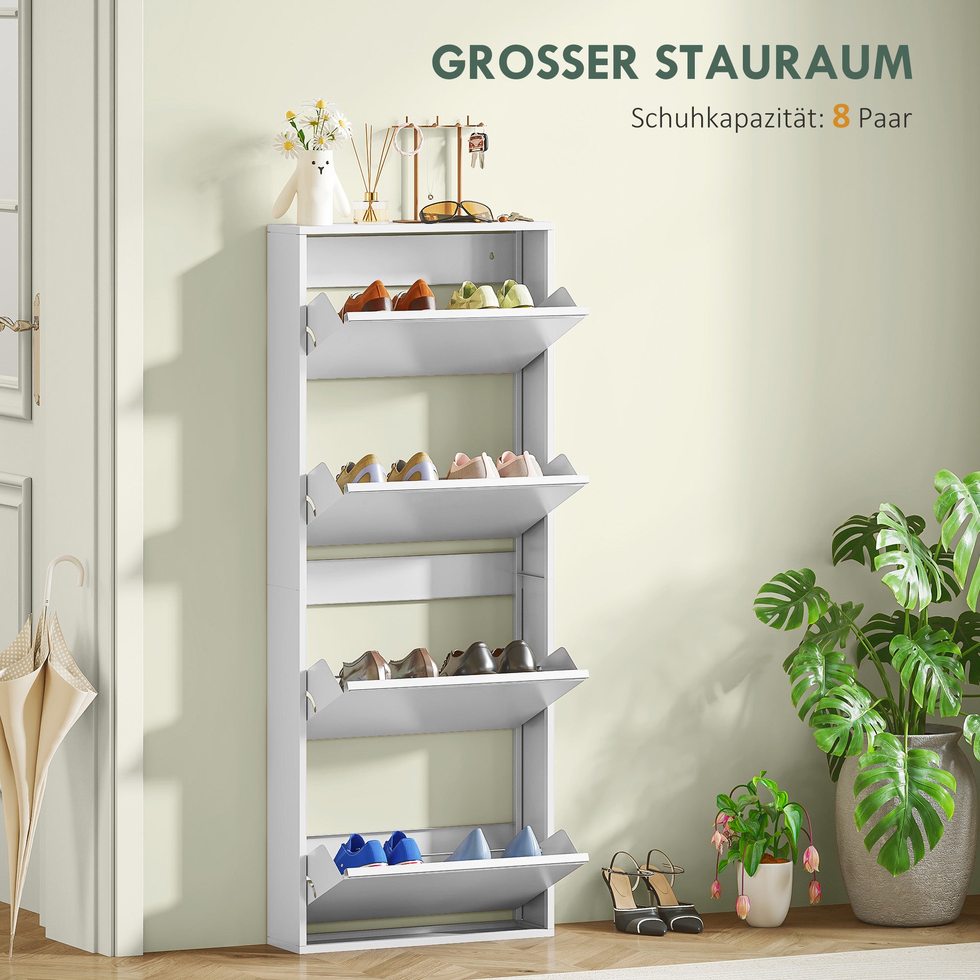 HOMCOM Smalle Metalen Schoenenkast voor Maximaal 8 Paar Schoenen, 4 Klaplades, voor Hal en Entree, Wit