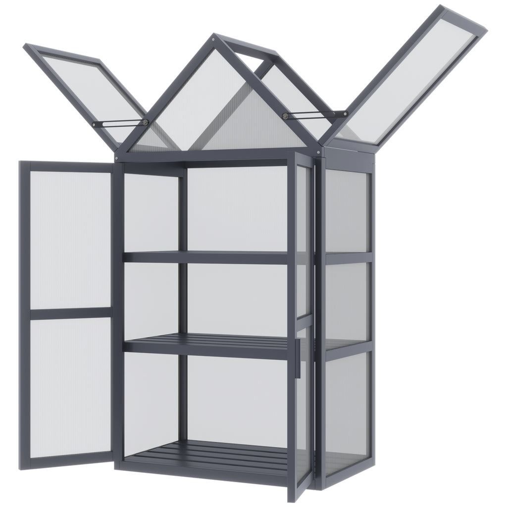 Outsunny kas met 3 planken, massief hout, behuizing van polycarbonaat, grijs, 70,5 x 42 x 132 cm