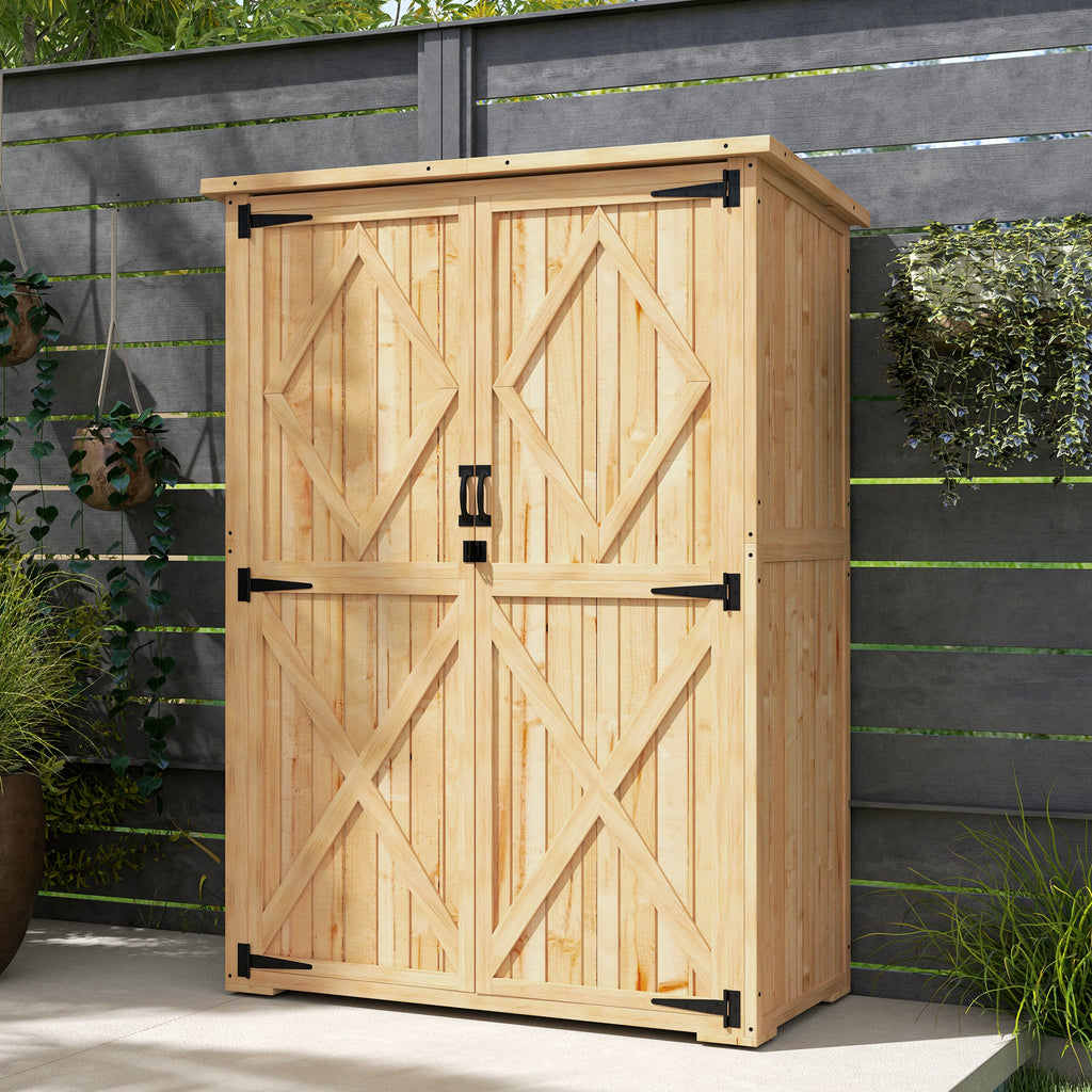 Outsunny Tuinopslagschuur, houten schuur voor gereedschap en tuinapparatuur, asfaltdak, dubbele deuren, sparrenhout, lichtbruin