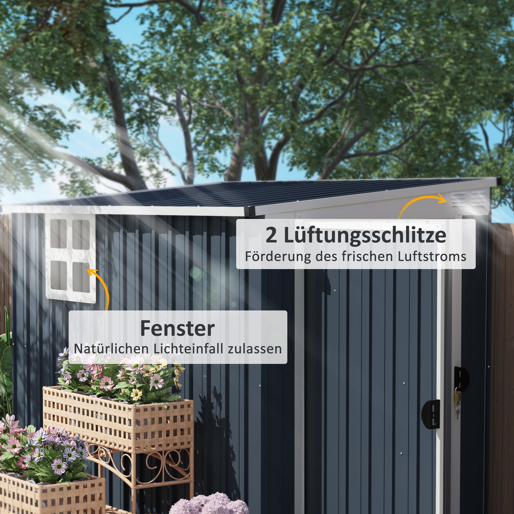 Outsunny Tuinopbergschuur, gereedschapsschuur voor tuingereedschap, venster, ventilatieopeningen, afsluitbaar, staal, donkergrijs