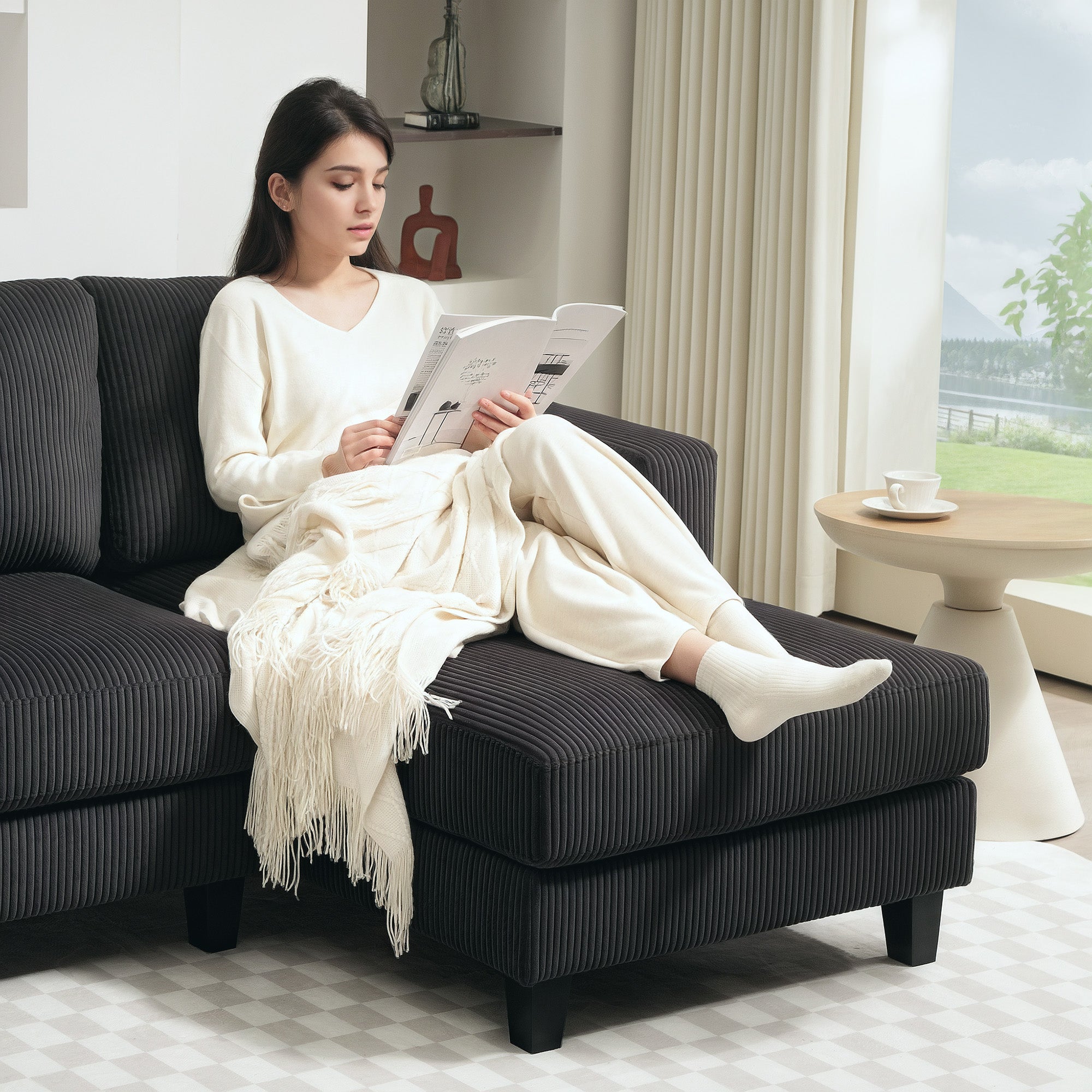 HOMCOM Hoekbank, L-vormige 3-zitsbank met Chaise Longue, Houtconstructie, 8 Poten, Corduroy Stof, Schuimstofbekleding, Grijs