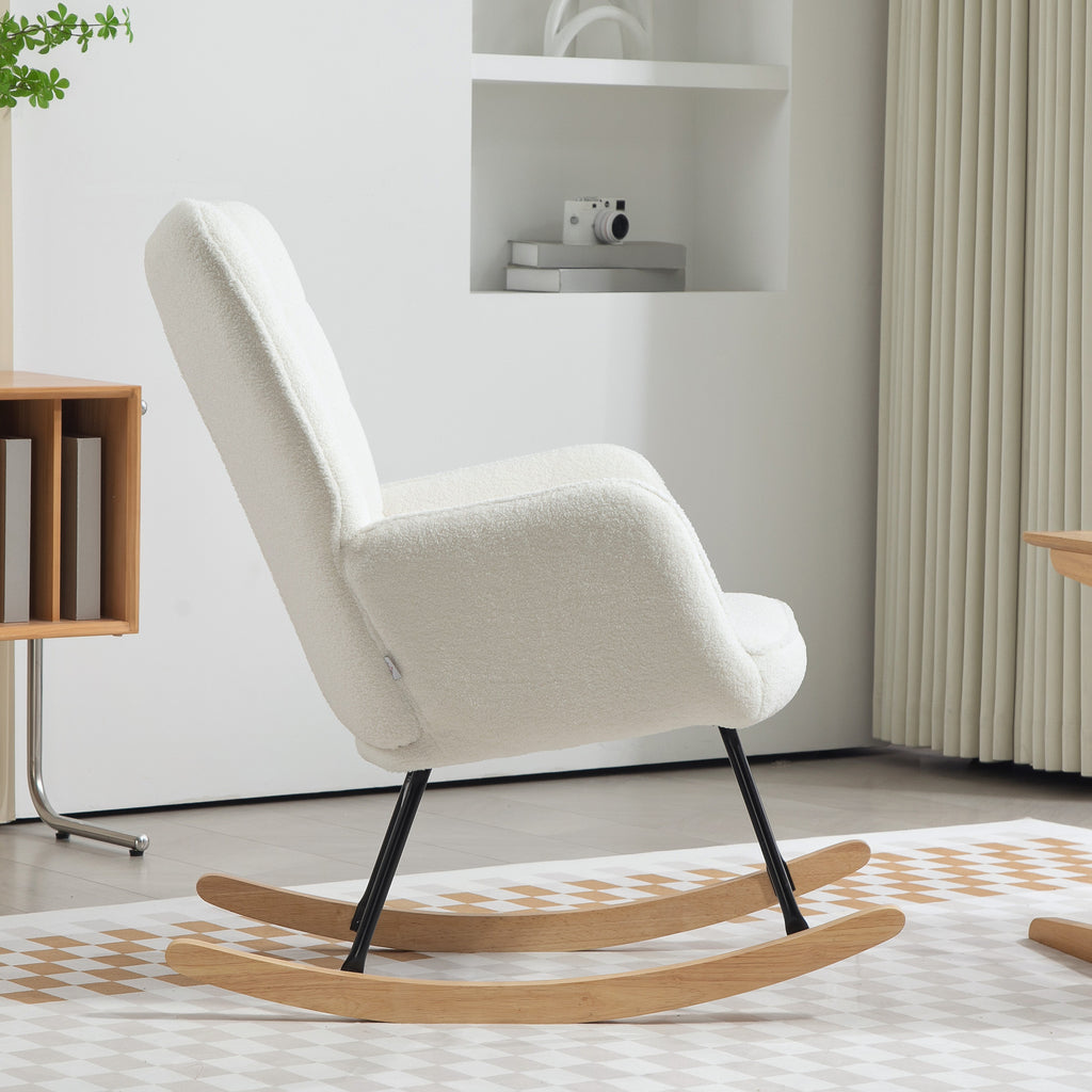 HOMCOM Schommelstoel in Berbervlies Look met Armleuningen, Ergonomische Stoel met Houten Glijders, voor Woonkamer, Slaapkamer, Wit