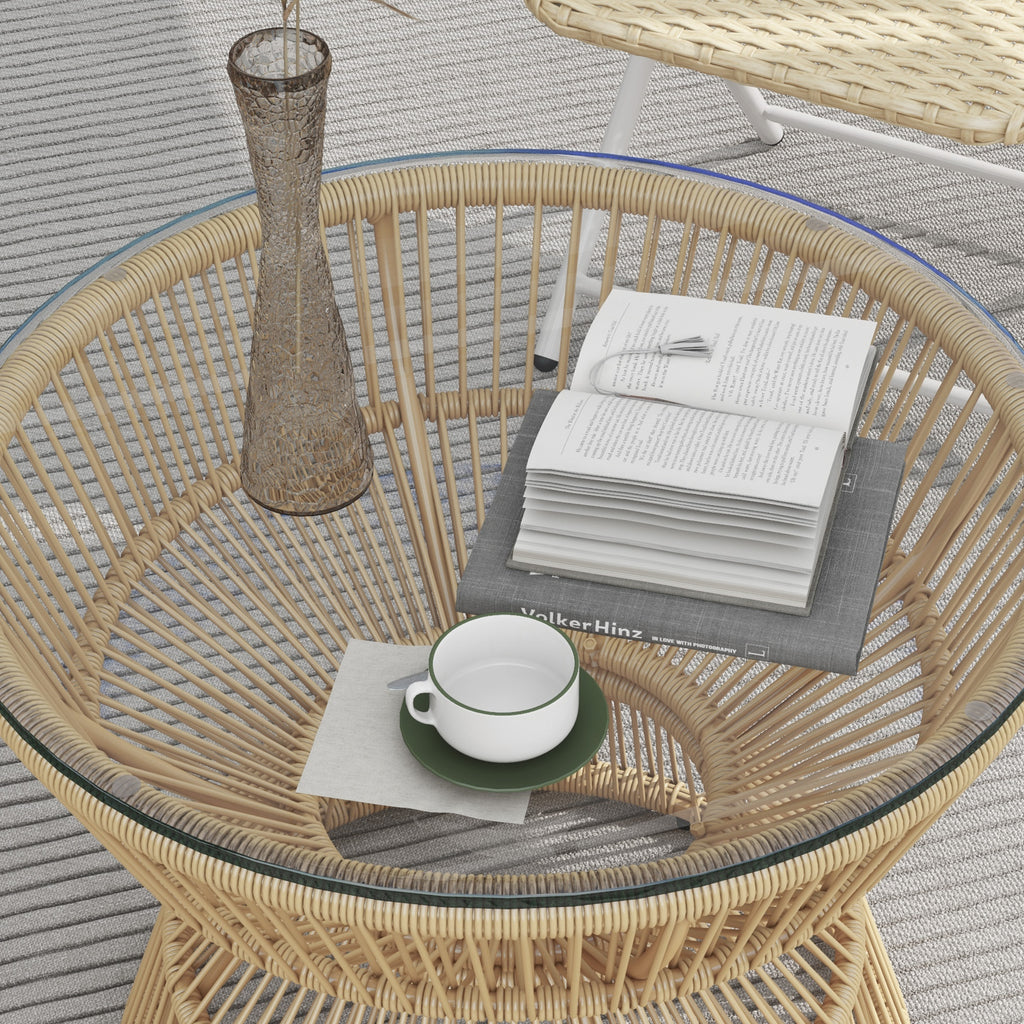 Outsunny Buitentafel Bijzettafel Tuinmeubel Rattan Bijzettafel, Glazen Blad, PE-Rattan, 60 cm x 60 cm x 50 cm, Natuurlijk