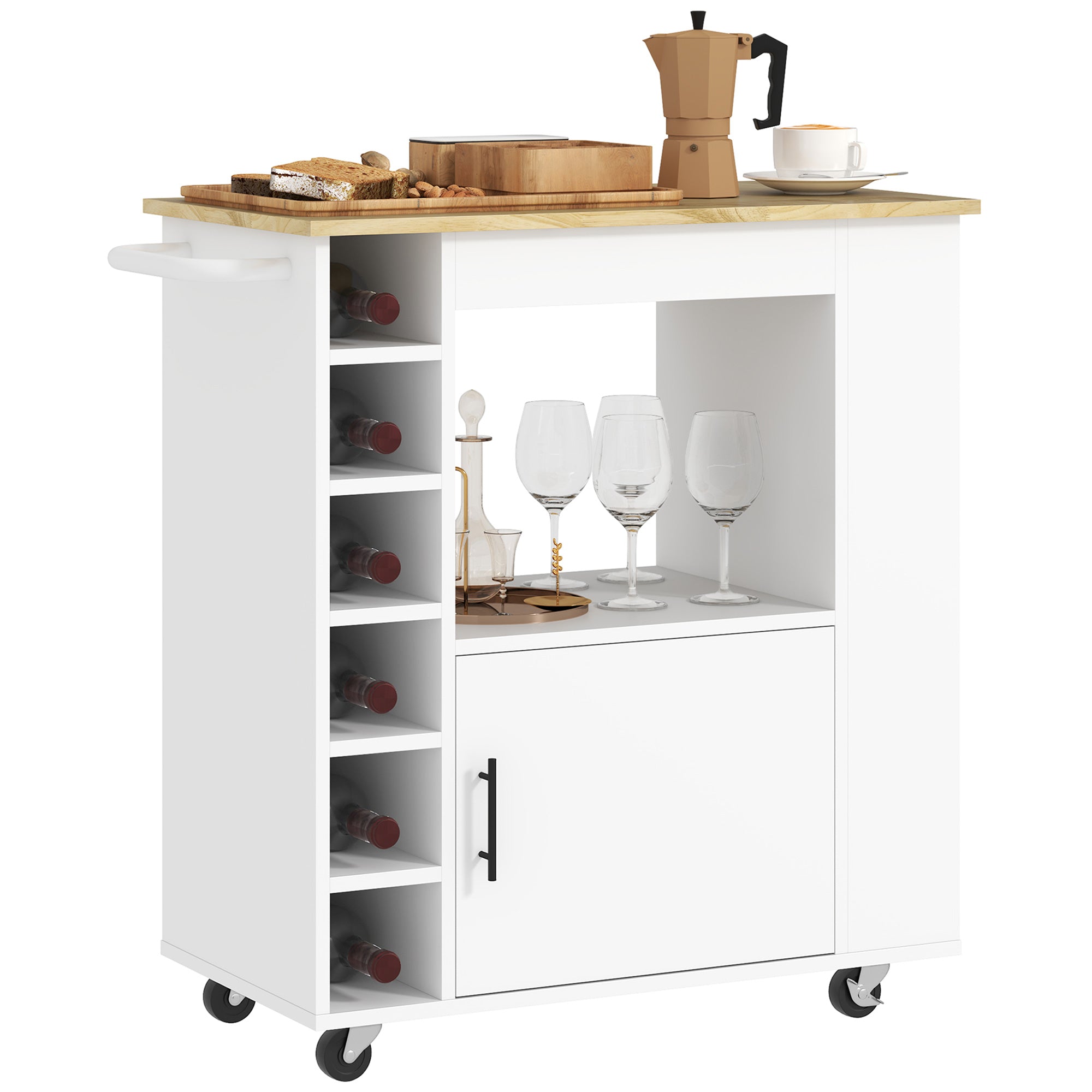 HOMCOM Keukentrolley, Rolbare Keukeneiland, Keuken-Trolley met Vakken, Wijnrekken, Kast en Werkblad, Wit
