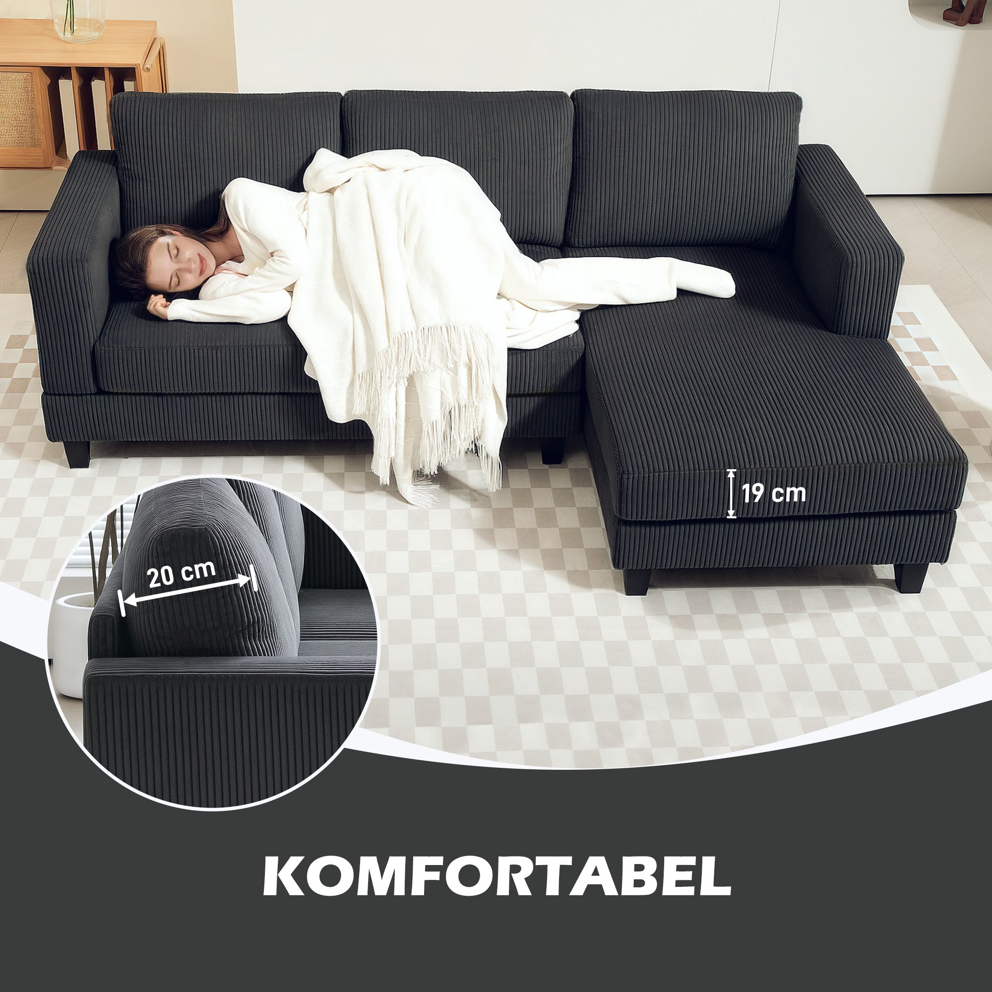 HOMCOM Hoekbank, L-vormige 3-zitsbank met Chaise Longue, Houtconstructie, 8 Poten, Corduroy Stof, Schuimstofbekleding, Grijs