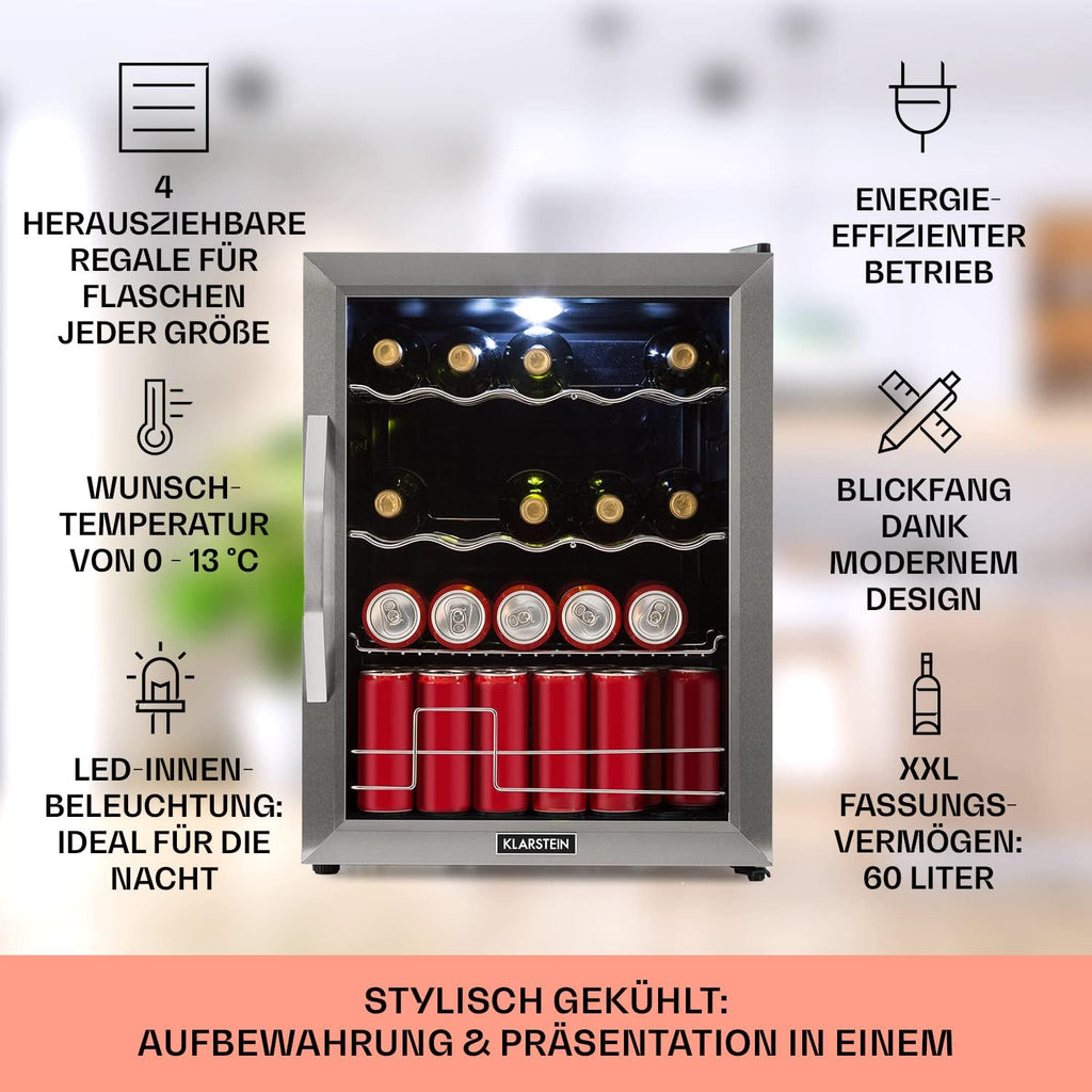 Klarstein Mini Koelkast met Glazen Deur voor Kamer, Drankenkoelkast met Verstelbare Planken, Klein 80 Liter, Indoor/Outdoor Koelkast Stil