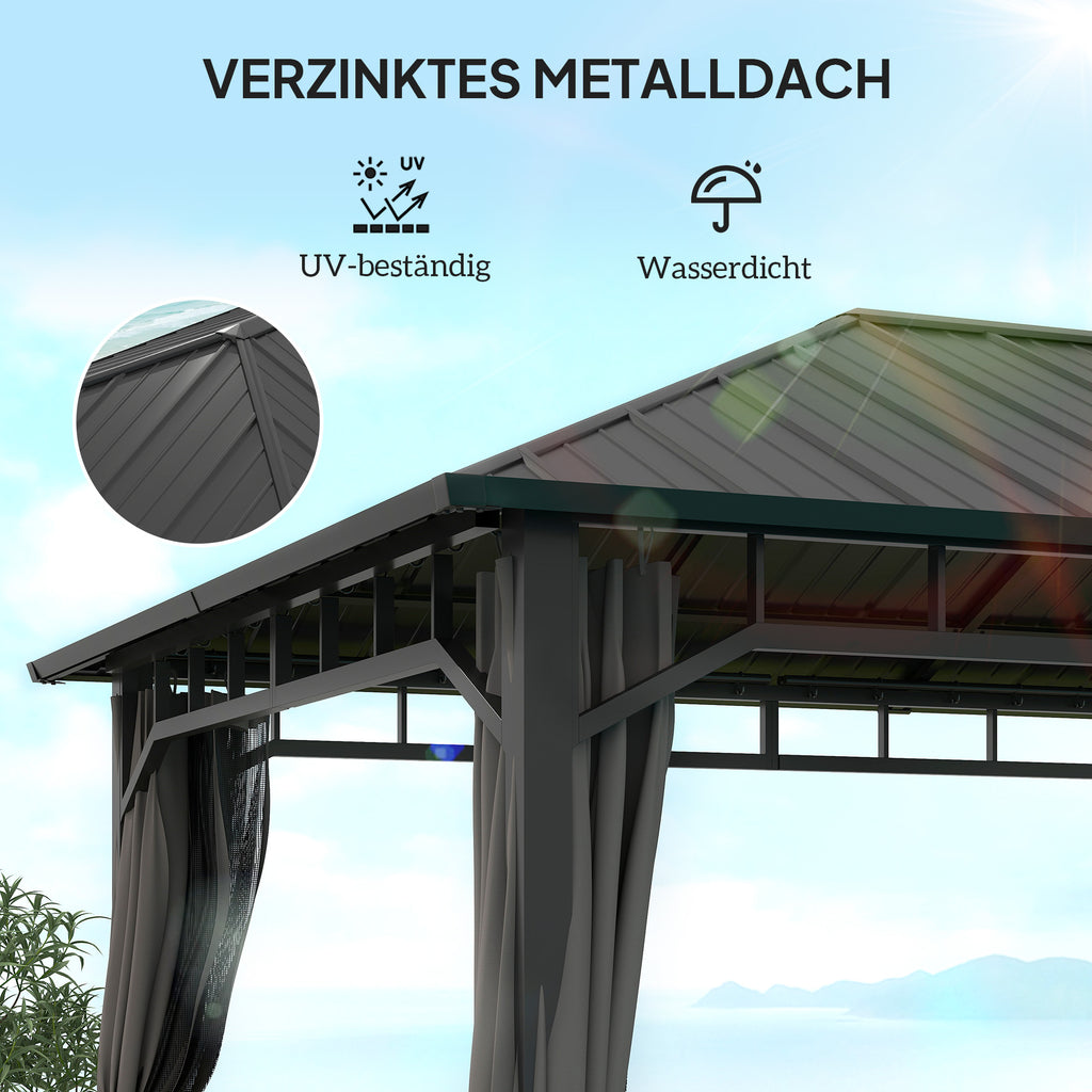 Outsunny Tuinpaviljoen, Metalen Paviljoen, Waterdicht, UV-bestendig, Terraspaviljoen met Netwanden en Gordijnen, Donkergrijs