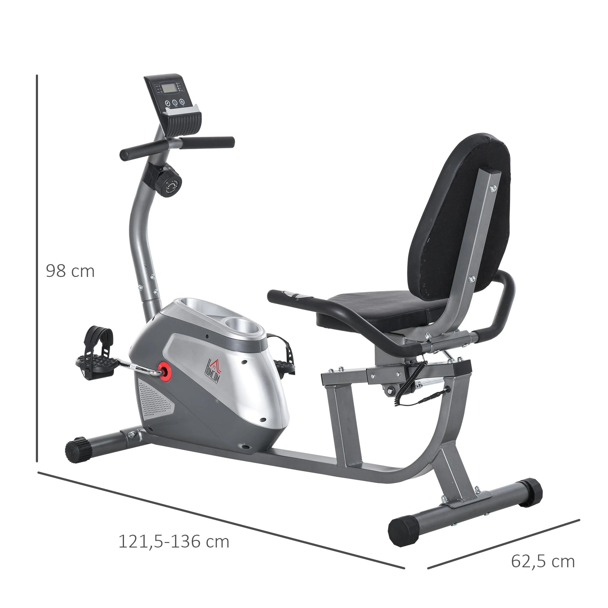 HOMCOM hometrainer fietstrainer vliegwiel hometrainer met 8 niveaus verstelbare magnetische weerstand verstelbare lengte magnetische weerstand wielen metaal ABS grijs + zilver 136 l x 62,5 b x 38 h cm