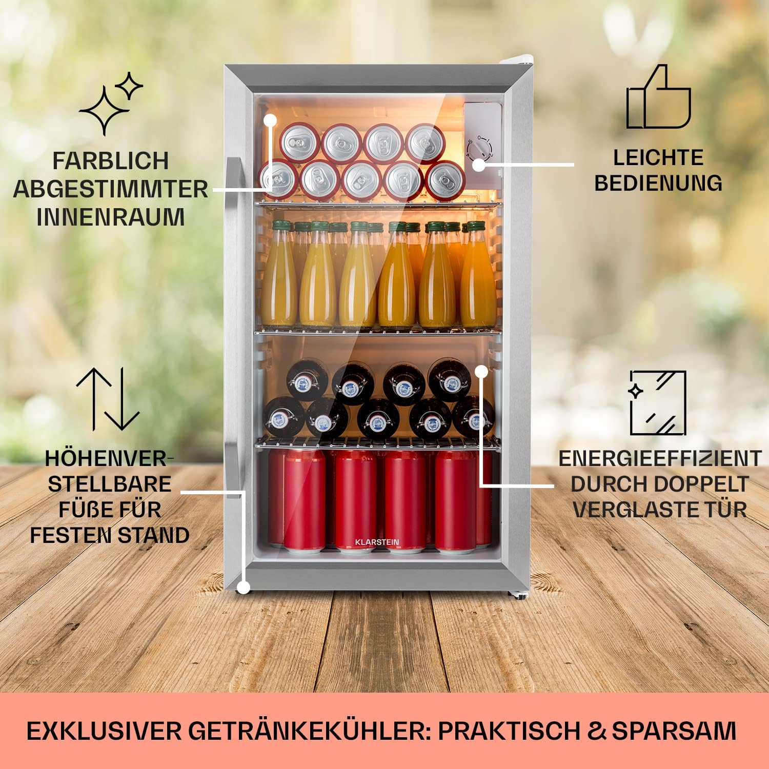 Klarstein Mini Koelkast met Glazen Deur voor Kamer, Drankenkoelkast met Verstelbare Planken, Klein 80 Liter, Indoor/Outdoor Koelkast Stil