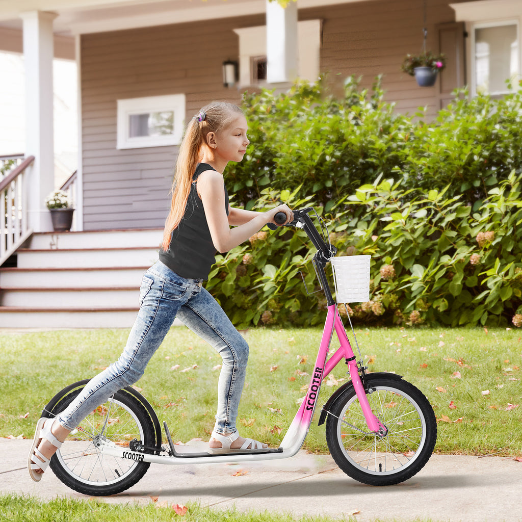 HOMCOM Kinderstep met Rem, Incl. Mand, Hoogteverstelbaar, voor Kinderen van 5 tot 12 Jaar, Wit + Roze