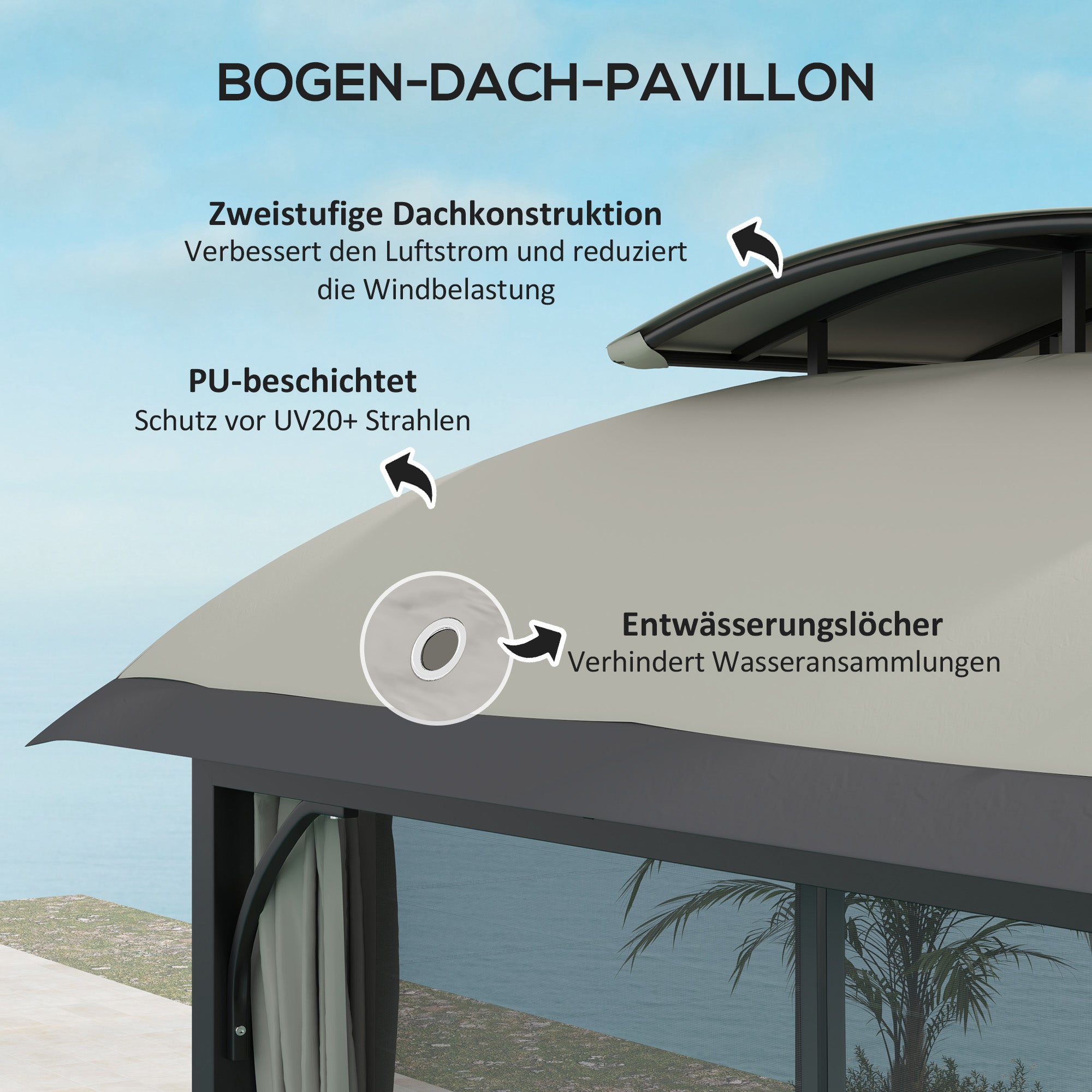 Outsunny Tuinpaviljoen, 3,3 x 4 m Partytent met Netgordijnen, Dubbeldeks Dak, Kunstleder Coating, Metalen Frame, Lichtgrijs
