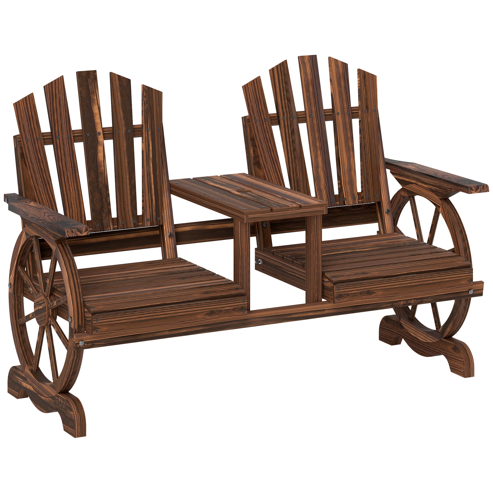 Outsunny Weerbestendige 2-Zits Houten Tuinbank met Paraplugat en Wagenwielpoten, 154 x 65 x 102 cm, Verkoolt