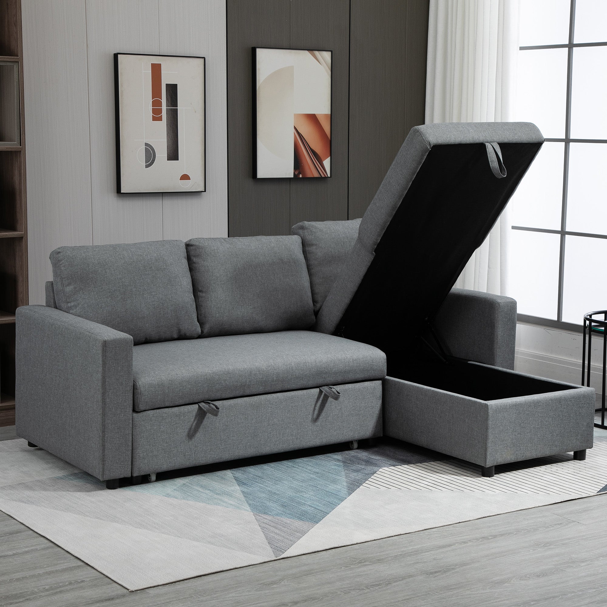 HOMCOM hoekbank met slaapfunctie opbergruimte hoekbank met bedstee chaise longue slaapbank stoffen bank L-vorm linnen touch lichtgrijs 211,5 x 146 x 85 cm