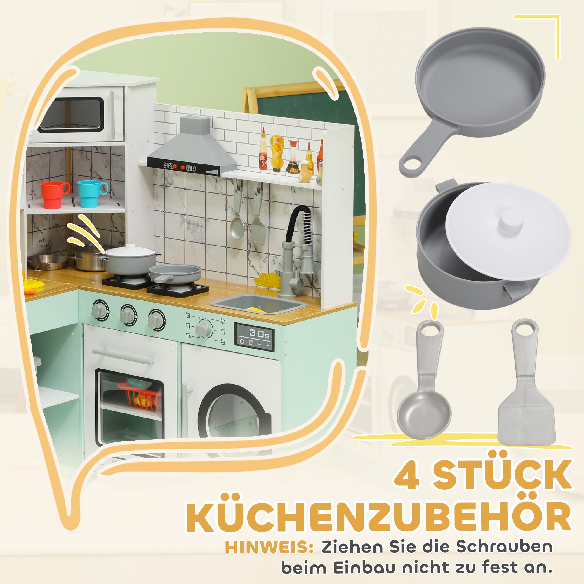 AIYAPLAY Speelkeuken Set met Krijtbord, Afzuigkap, Realistische Licht- en Geluidseffecten, Keukengerei