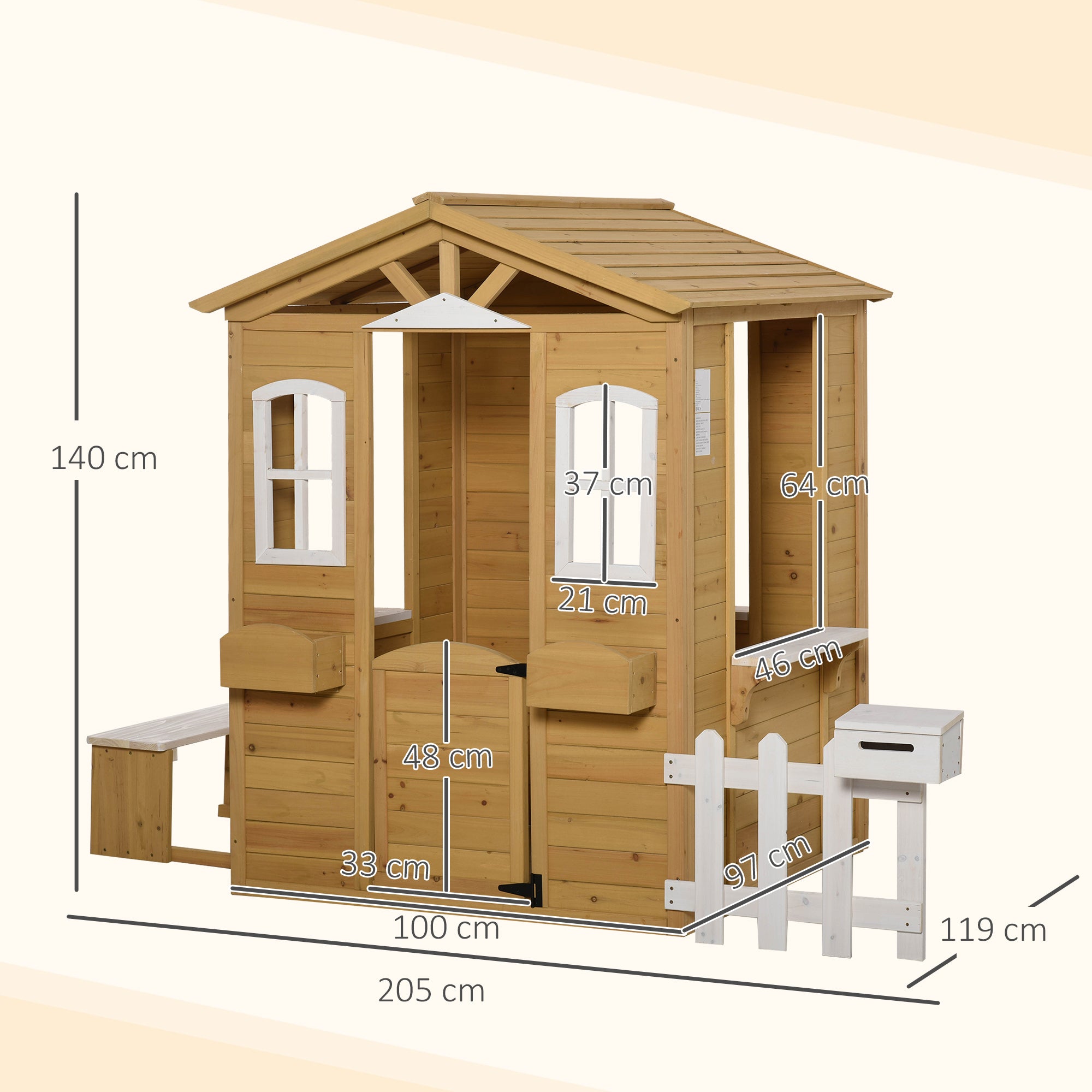 Outsunny Houten kinderspeelhuis Tuinspeelhuis met deur, ramen, plantenbak en bankje voor kinderen 3-6 jaar