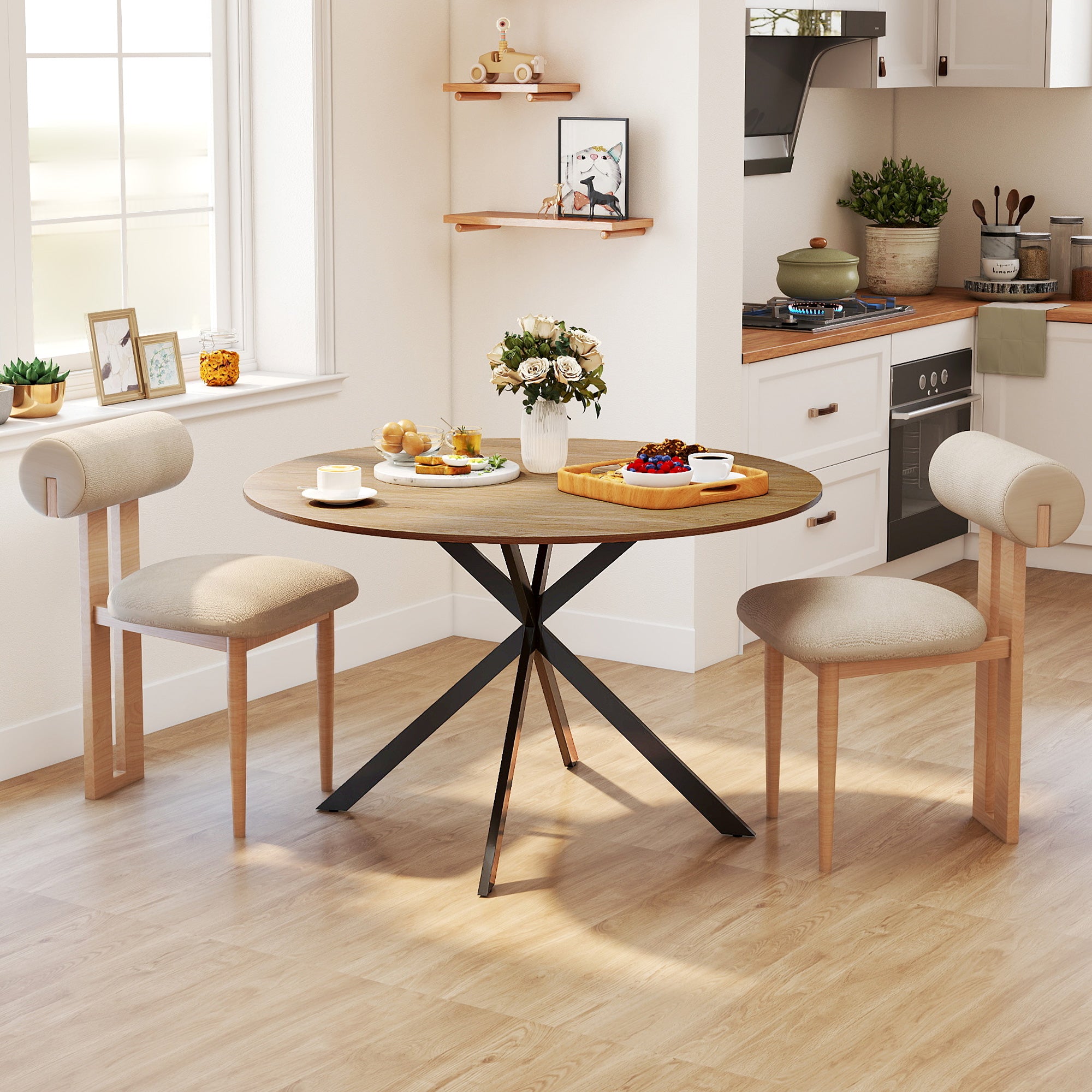 HOMCOM Ronde Eettafel voor 4 Personen, Keukentafel in Industriële Stijl met Stalen Poten, voor Eetkamer, Keuken, Eiken