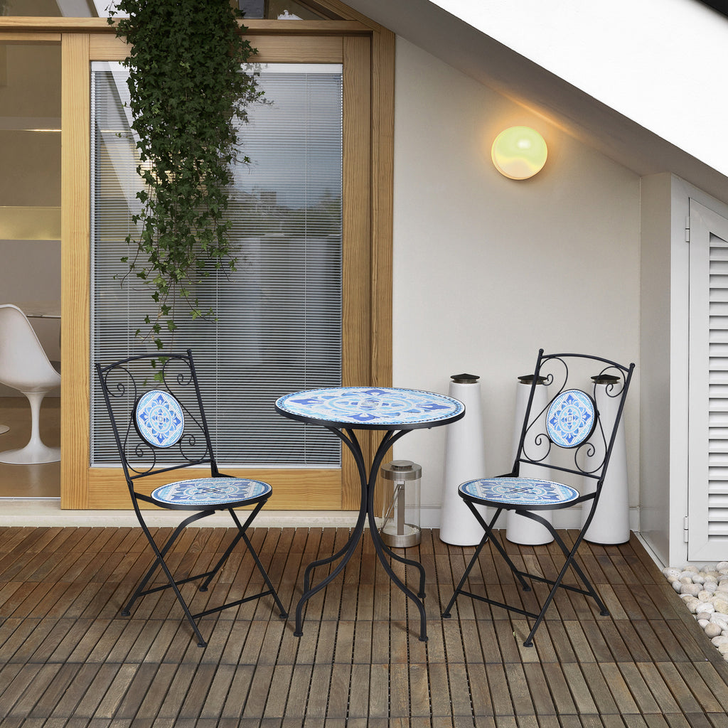 Outsunny Ø 61 cm tuinzitgroep 3-delige bistroset set 1 tafel + 2 klapstoelen voor terrasbalkon staalblauw