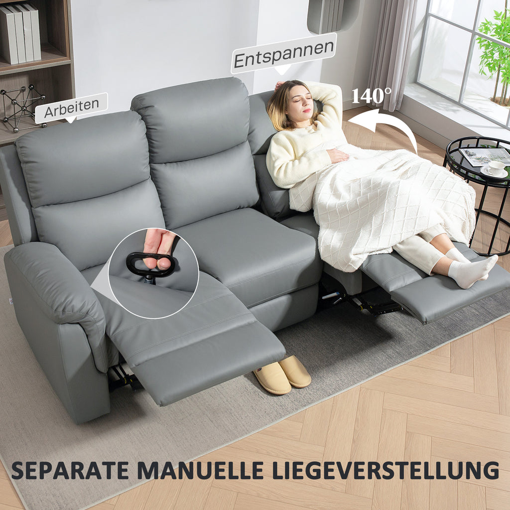 HOMCOM 3-zits Sofa, Links en Rechts Leunend, Aanpasbare Voetsteun, Kunstleder, Voor Woonkamer, Donkergrijs